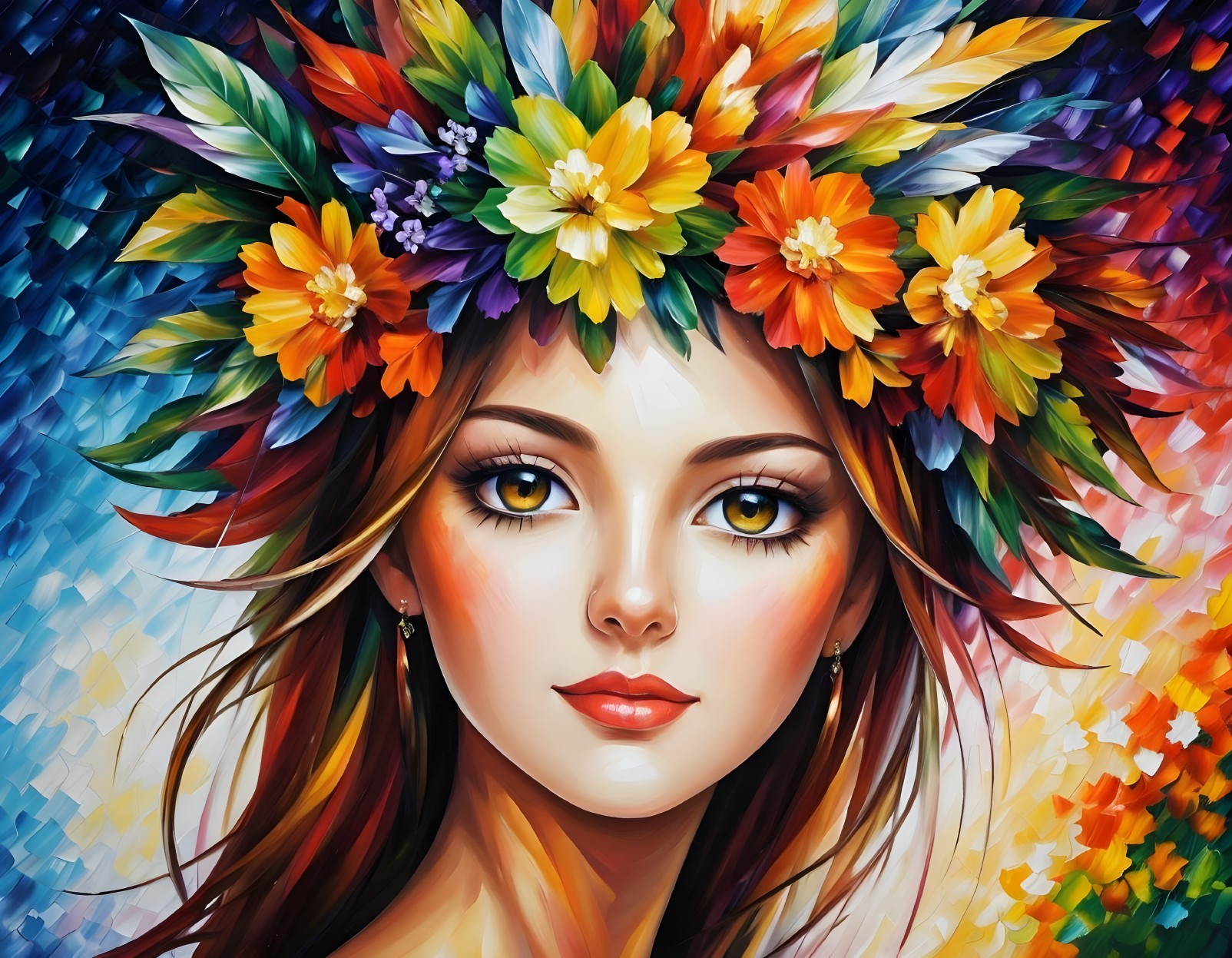 Portrait of a Young Woman with Floral Crown and Colors
