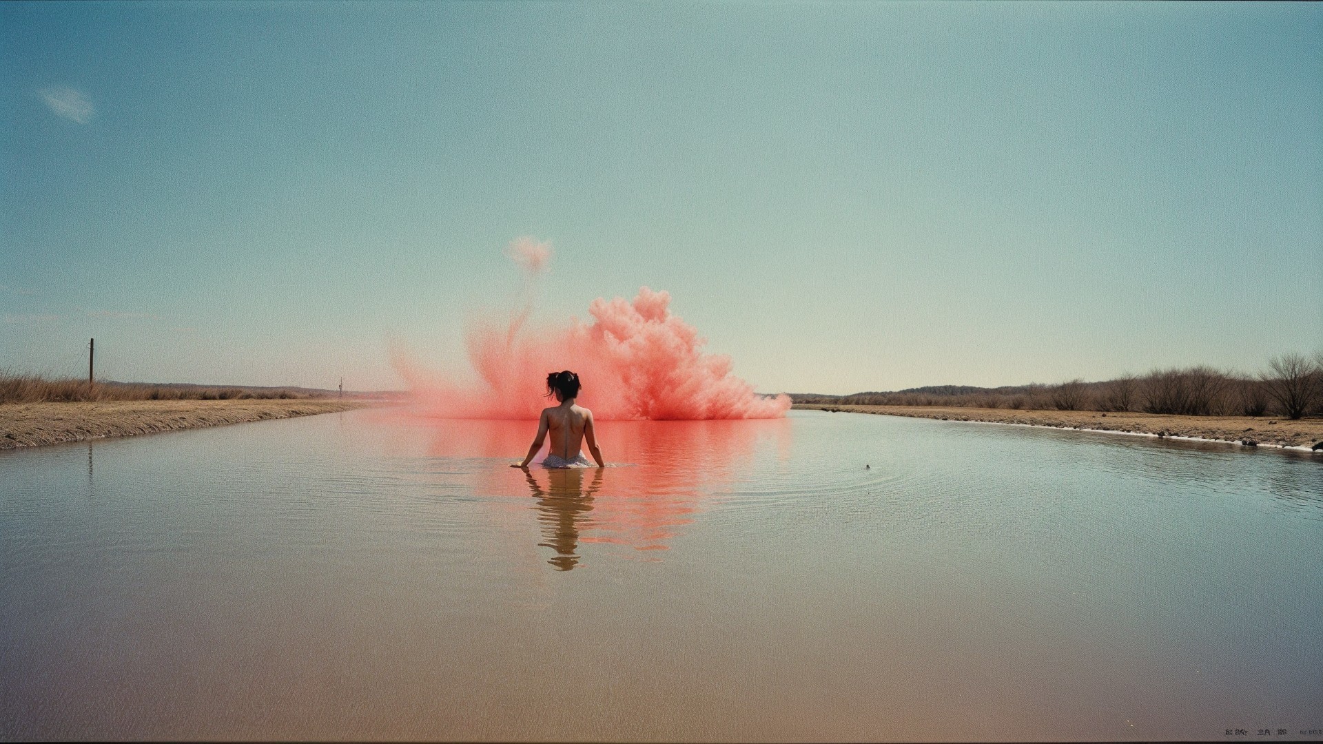 Serene landscape with woman in shallow water and smoke