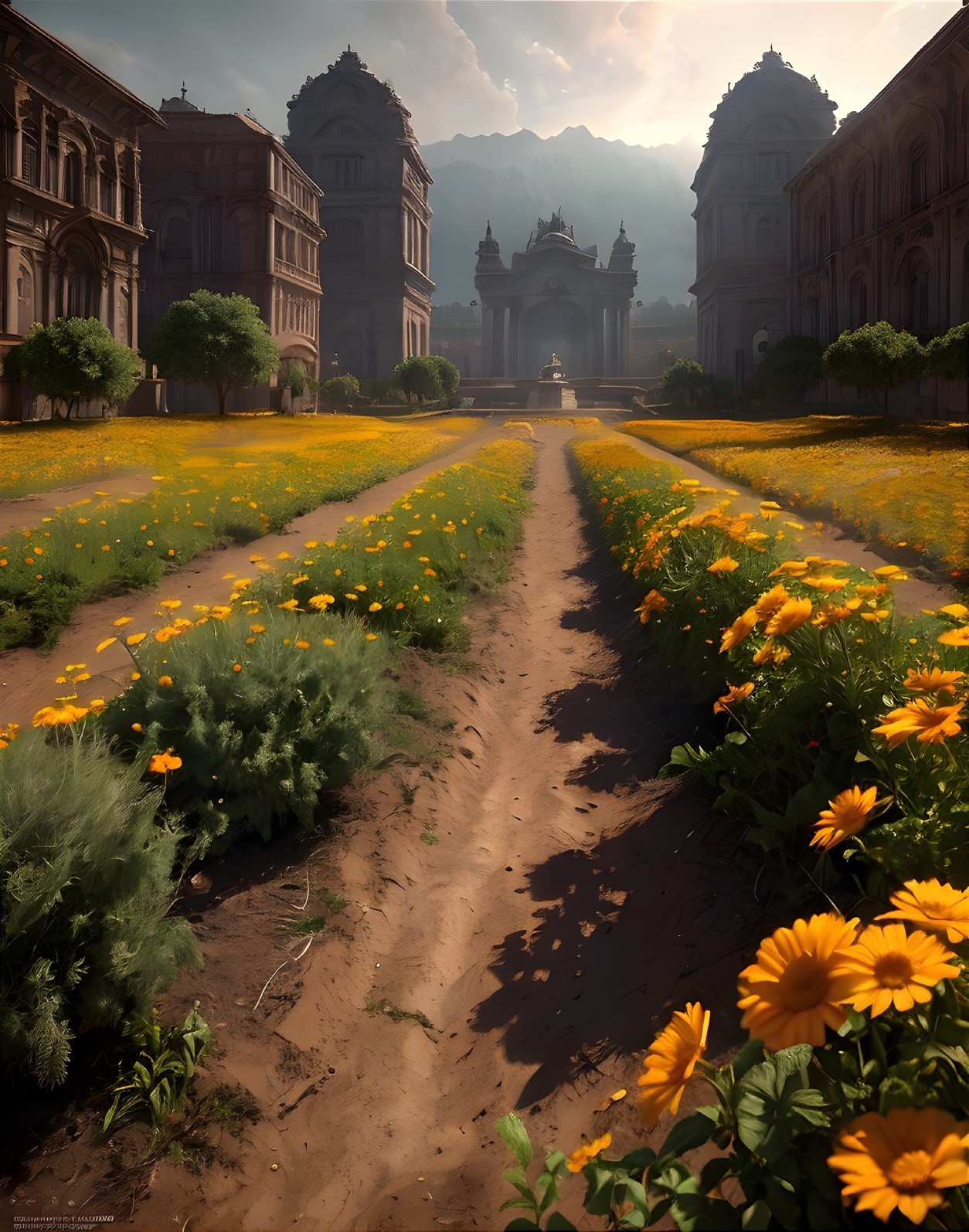 Pathway of Yellow Flowers and Grand Buildings