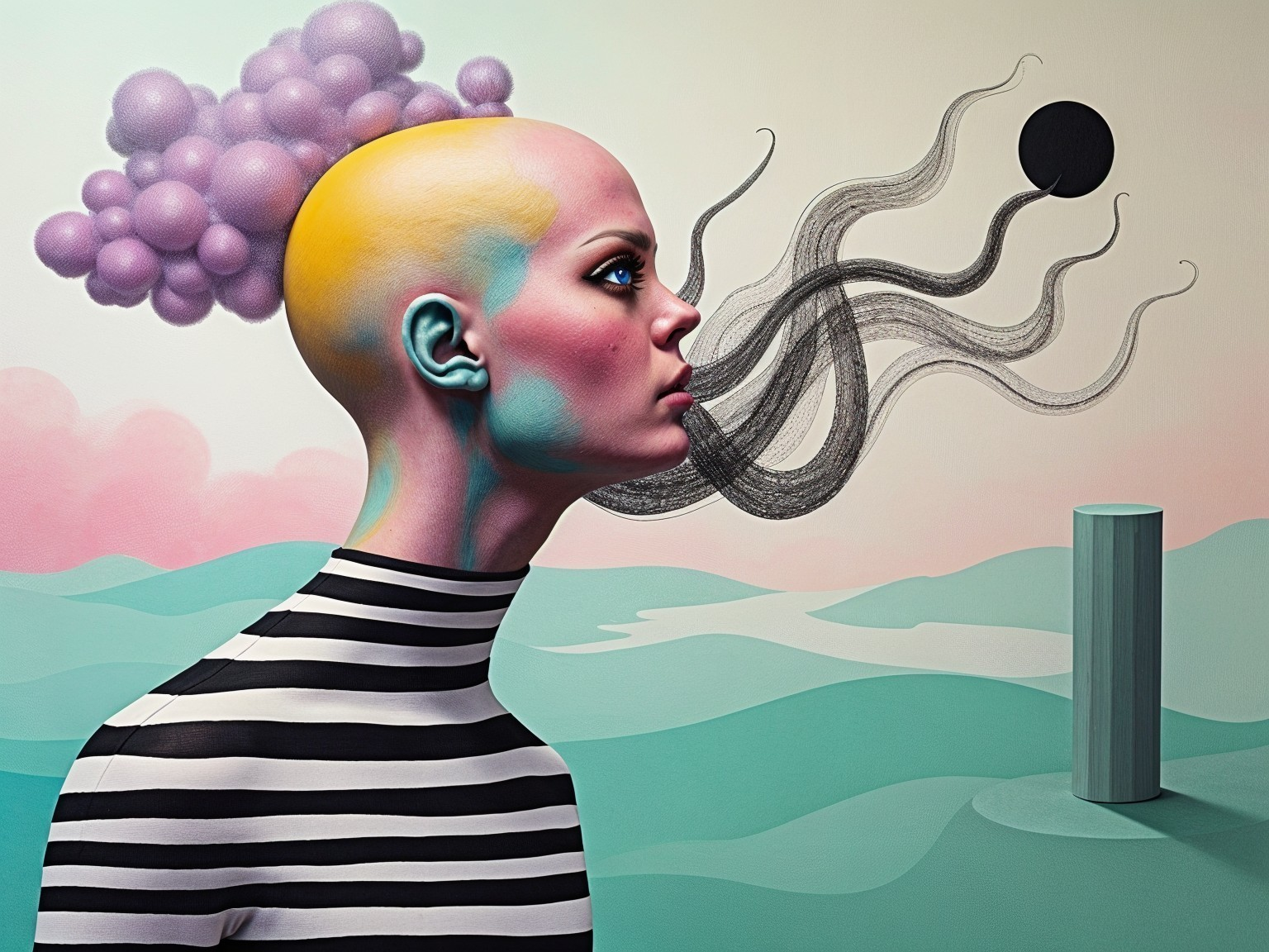 Surreal Portrait of a Bald Figure with Colorful Elements
