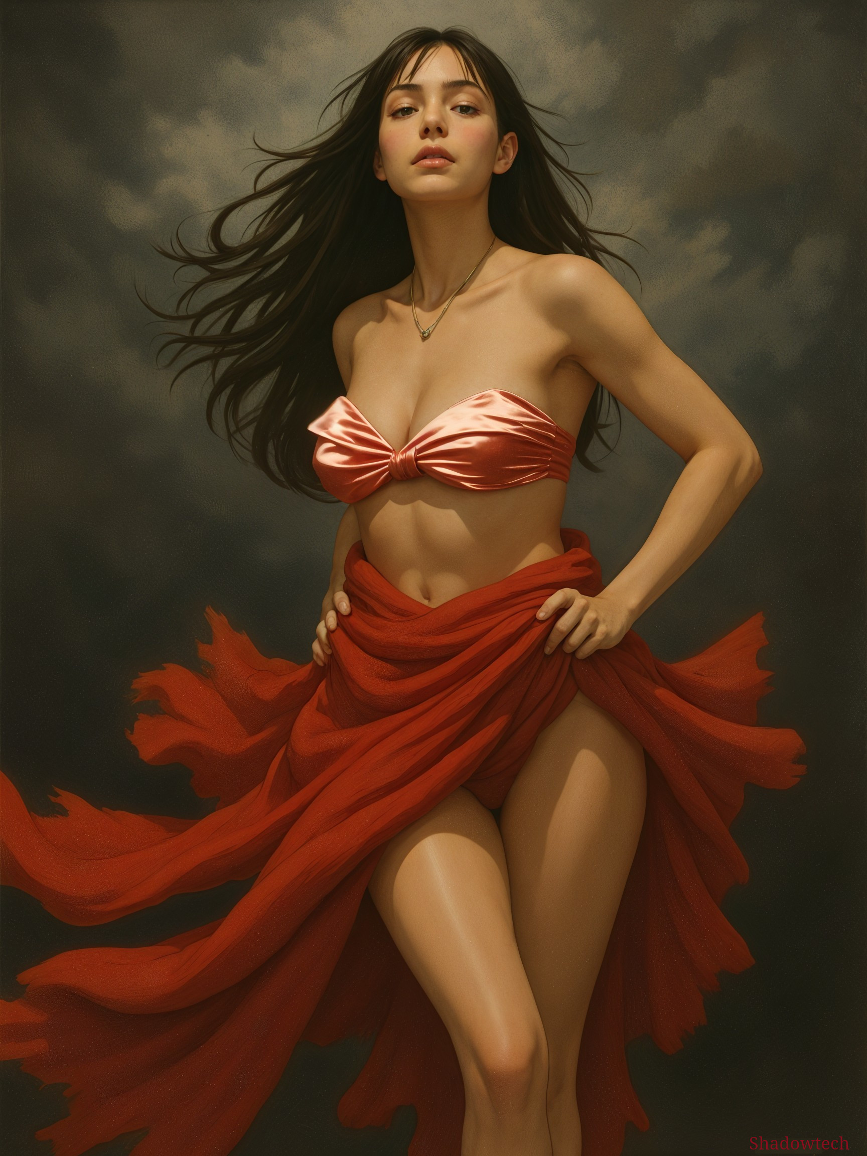 Portrait of a Confident Woman in Flowing Red Fabric