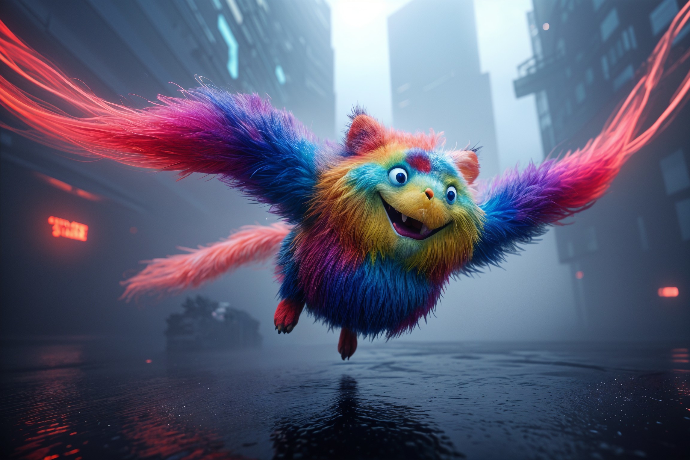 Colorful creature soaring in a misty urban landscape