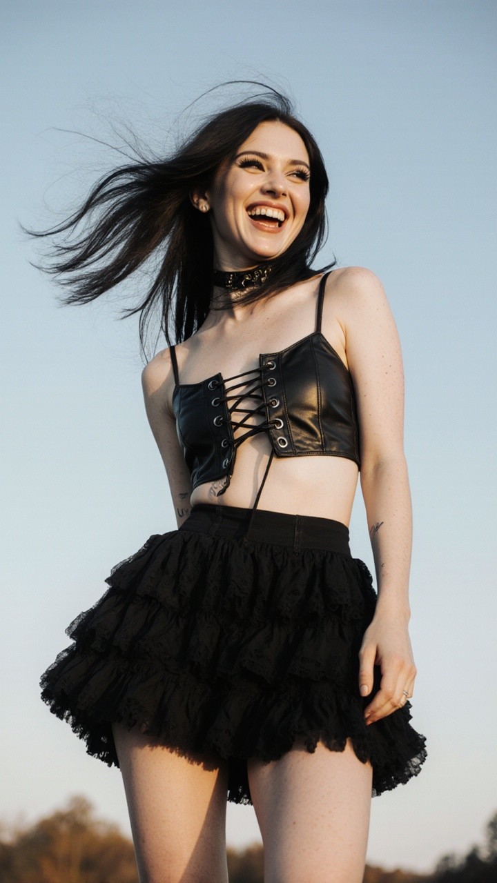 Young woman in stylish black outfit outdoors at sunset