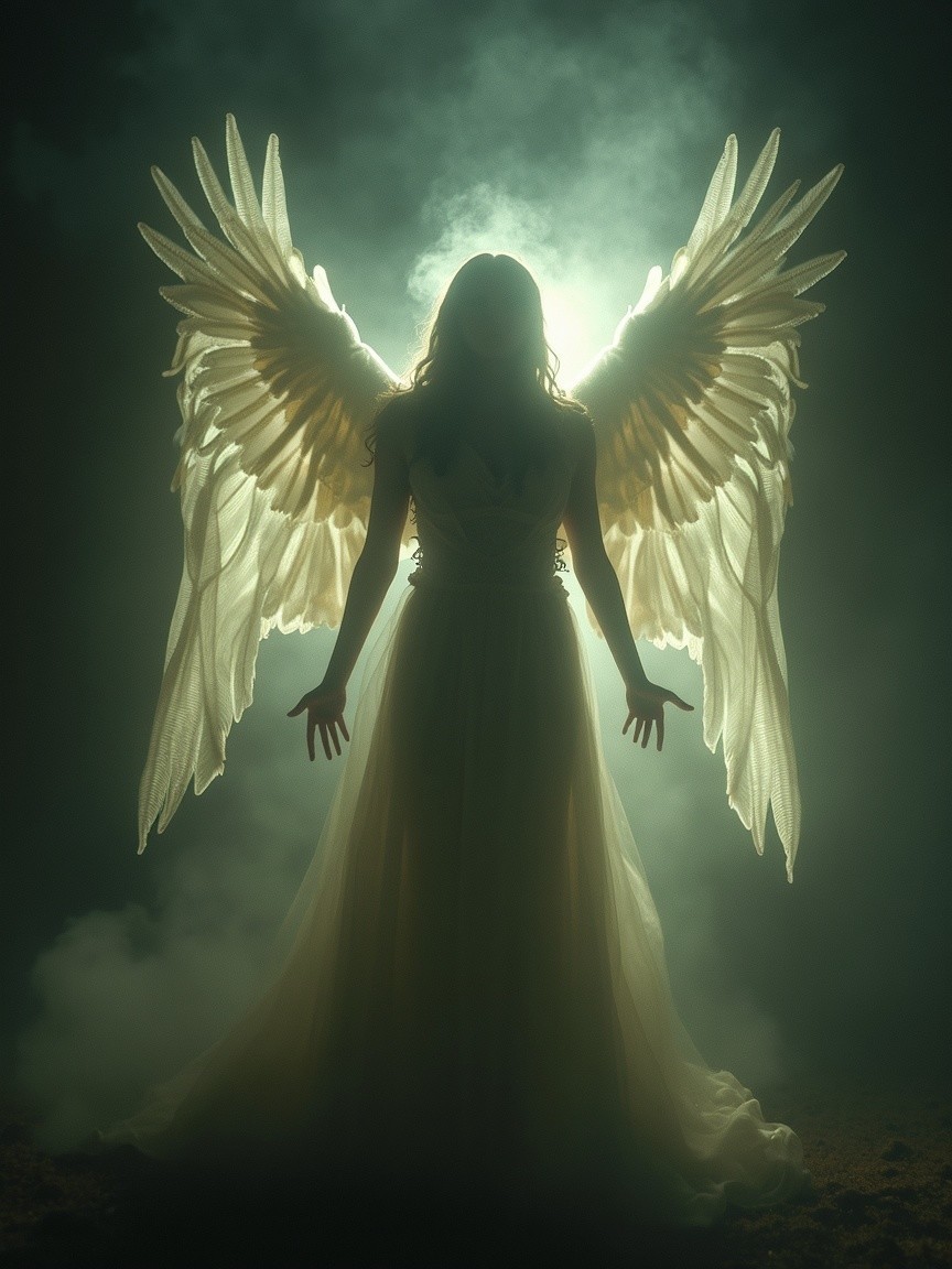 Silhouette of a Figure with Ethereal Wings in Fog