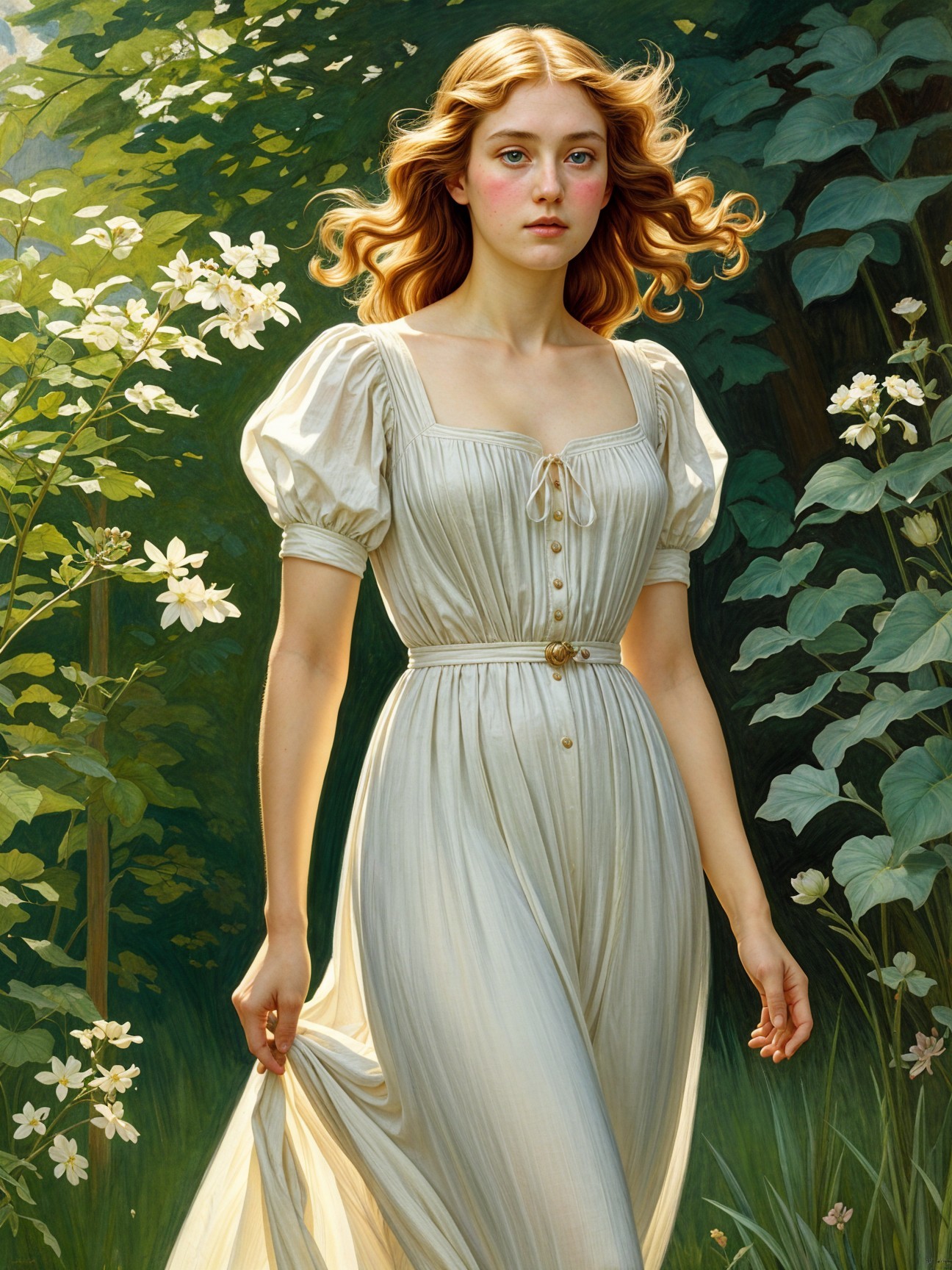 Young Woman in Elegant Dress Surrounded by Nature