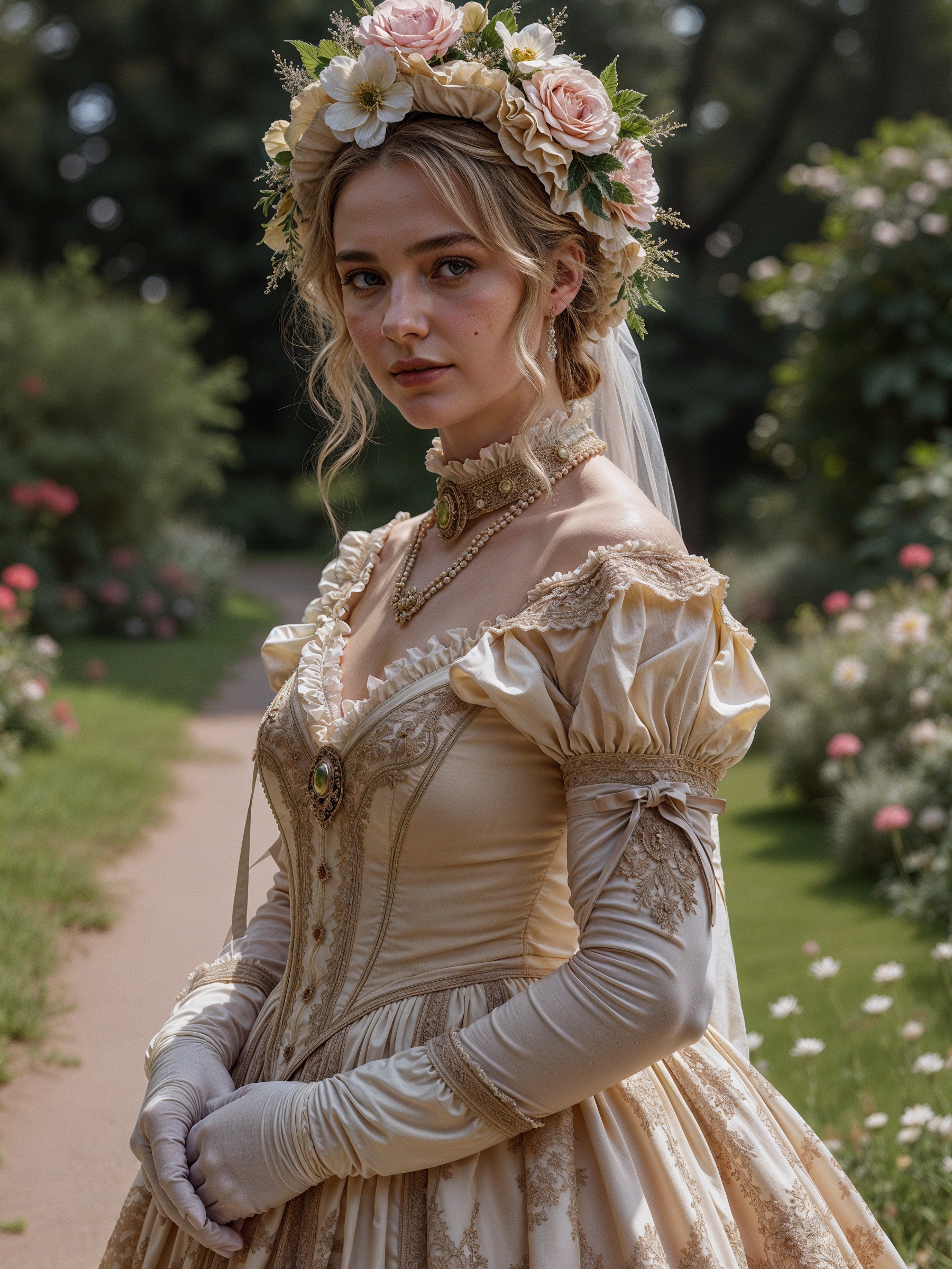 Young woman in vintage gown in lush garden setting