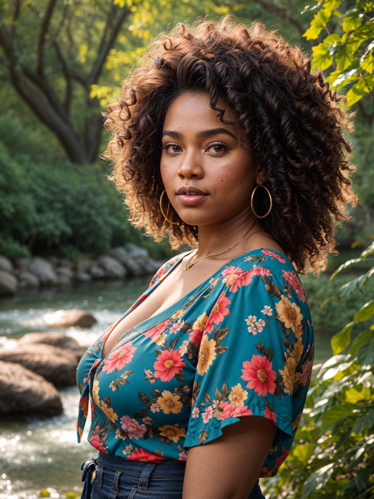 Young woman by serene stream in floral blouse