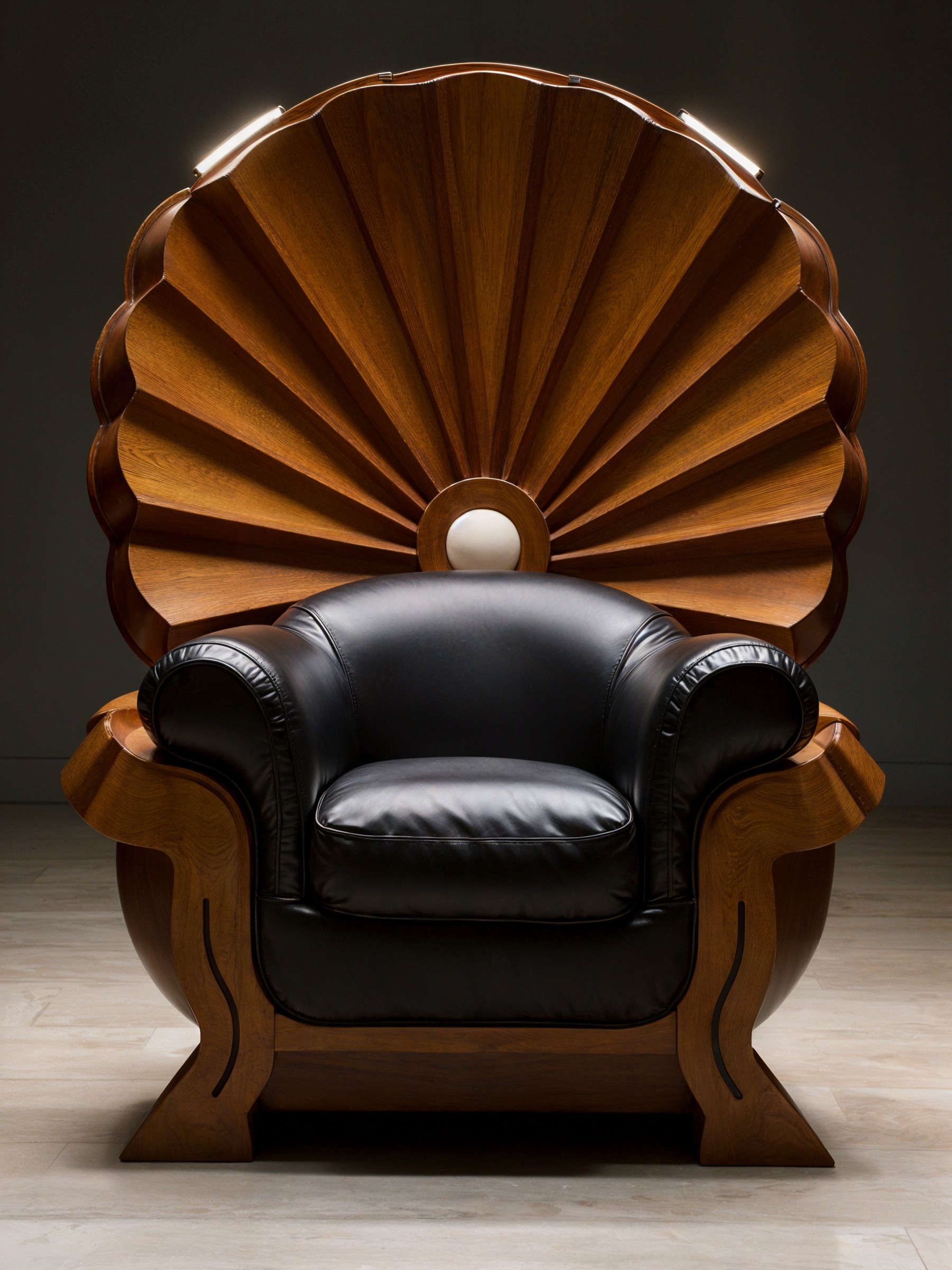 Shell-Shaped Wooden Chair with Black Leather Upholstery
