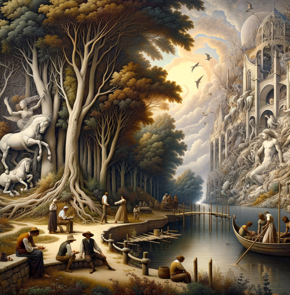 Mystical Landscape with Trees, River, and Architecture
