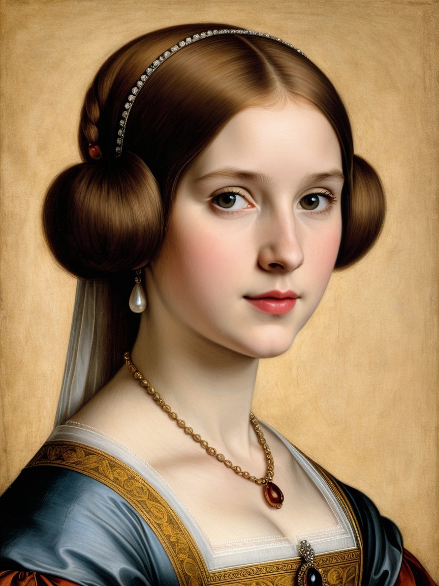 Portrait of a Young Woman in Elegant Gown and Buns