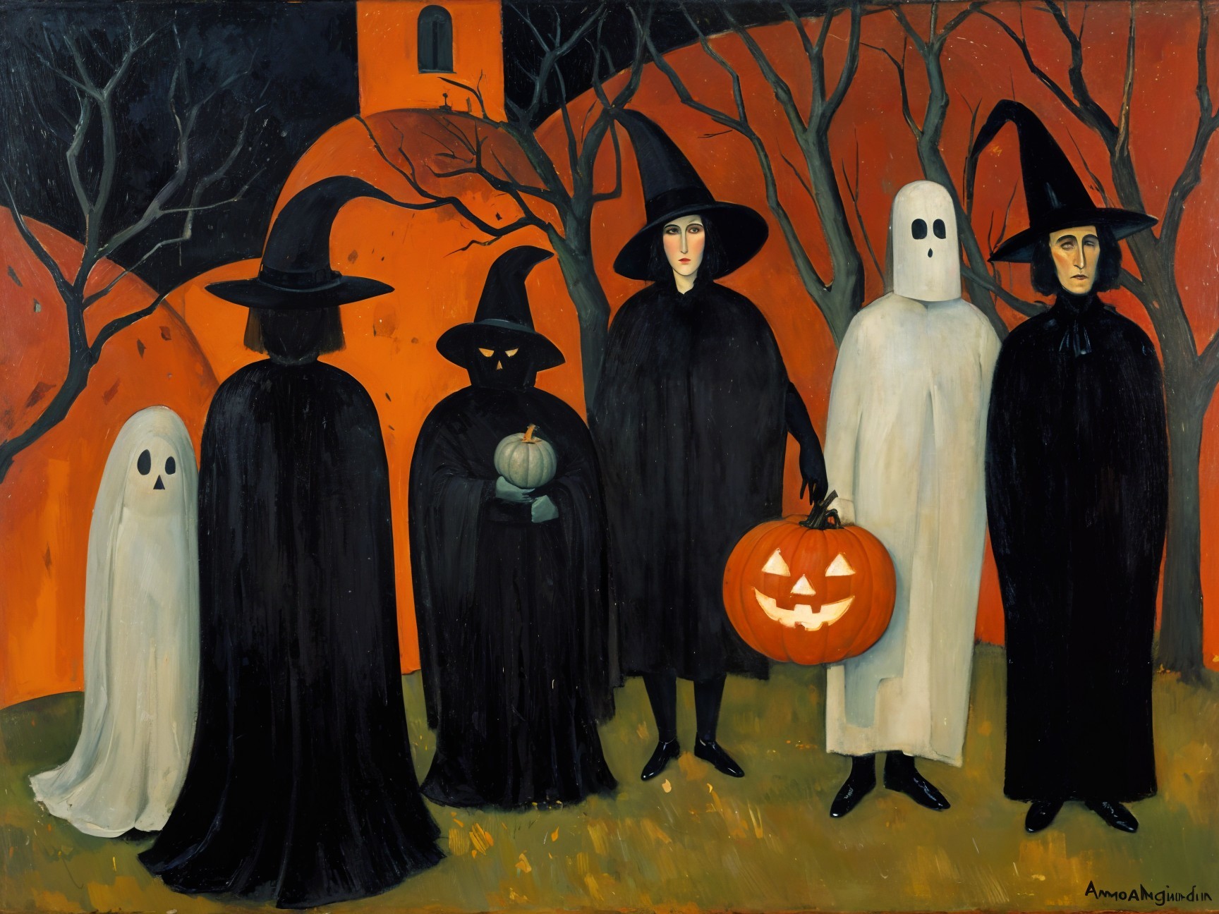 Halloween Costume Group with Pumpkins and Ghostly Figure