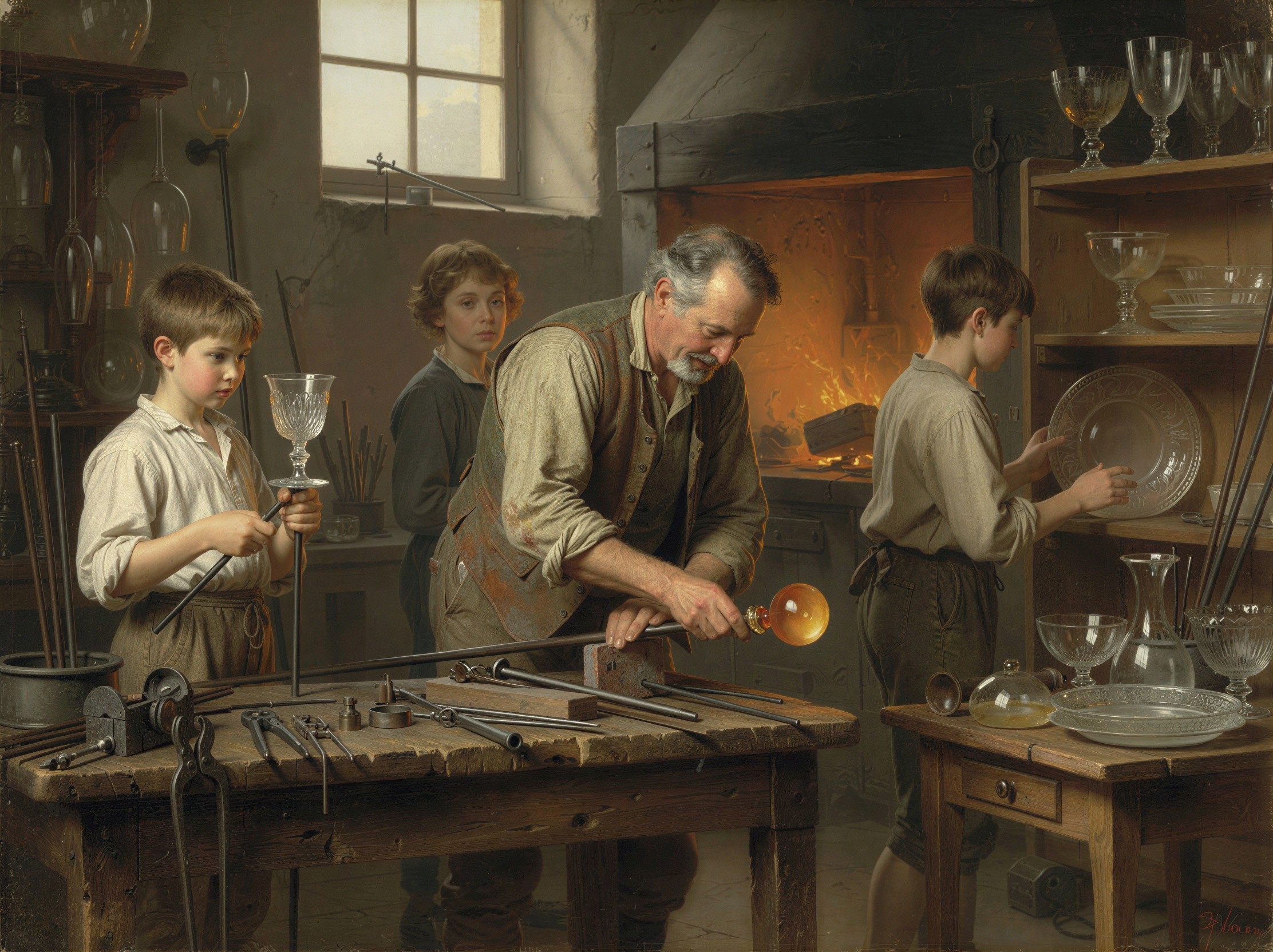 Oil Painting of Glassblowing Workshop with Craftsmen