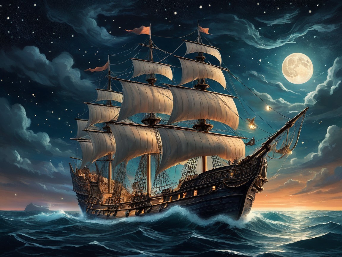 Majestic Sailing Ship on Moonlit Waters at Night