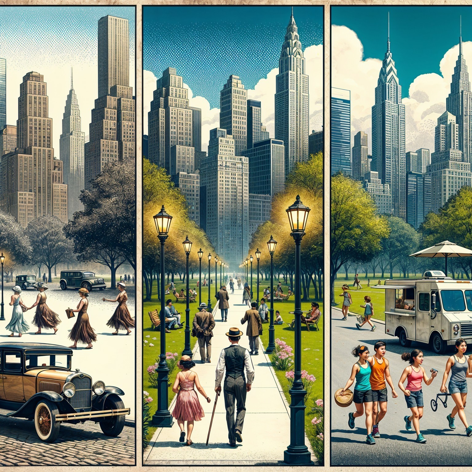Triptych Illustration of City Park Evolution Over Time