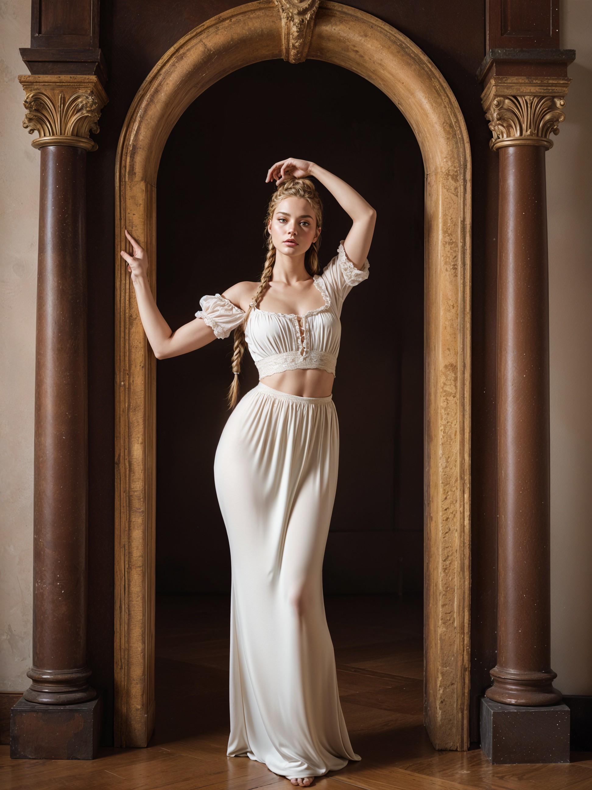 Elegant Woman in Softly Lit Room with Archway