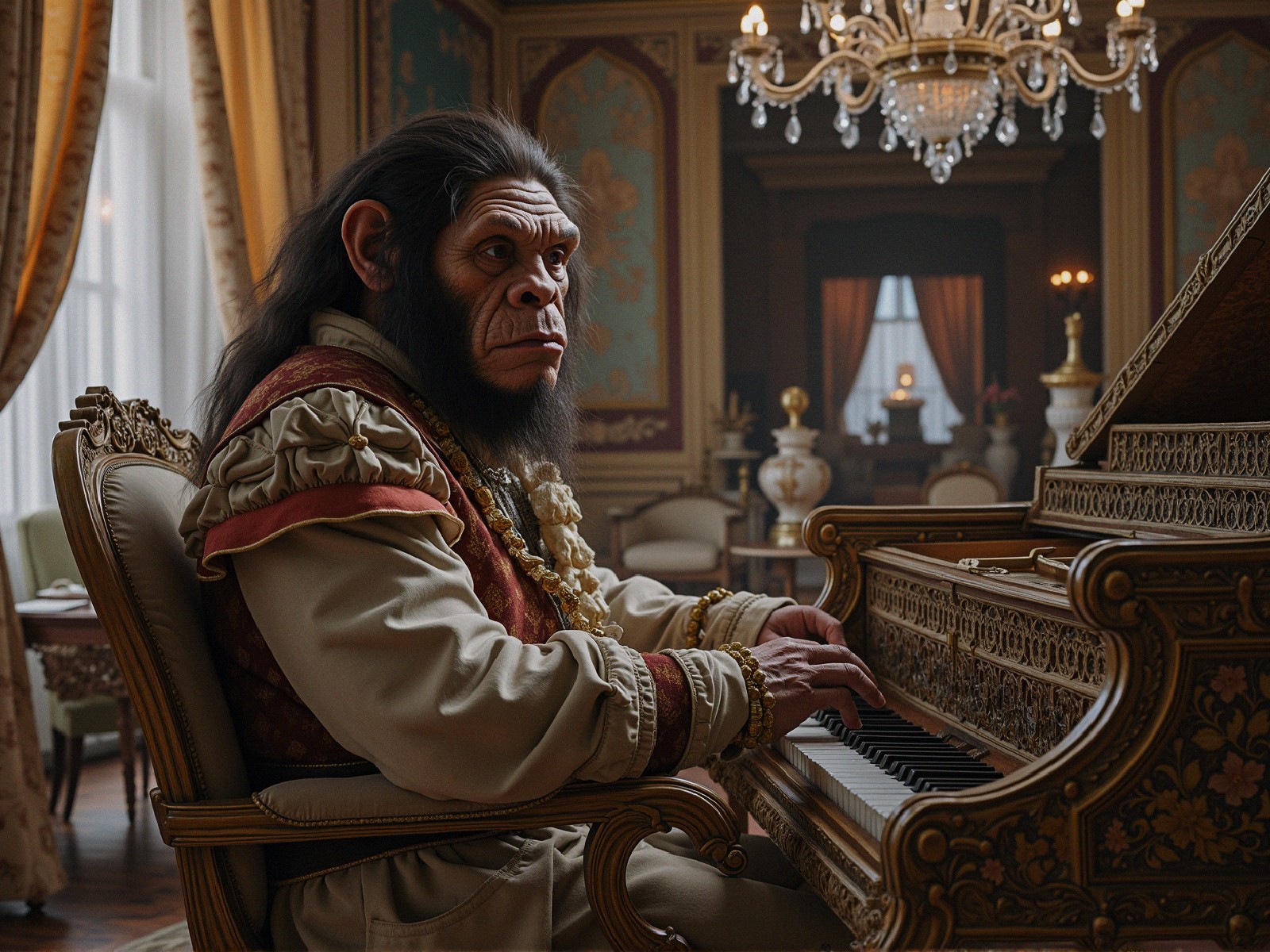 Sophisticated Ape Playing Piano in Opulent Room