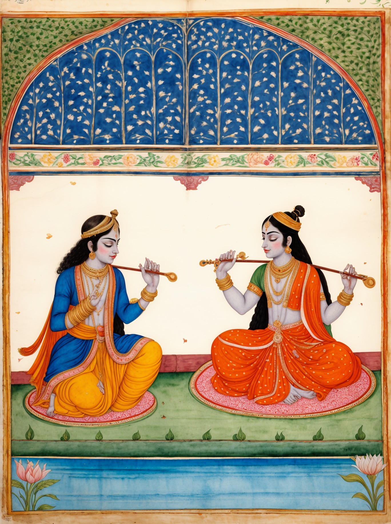 Divine Figures Playing Flutes in Serene Setting