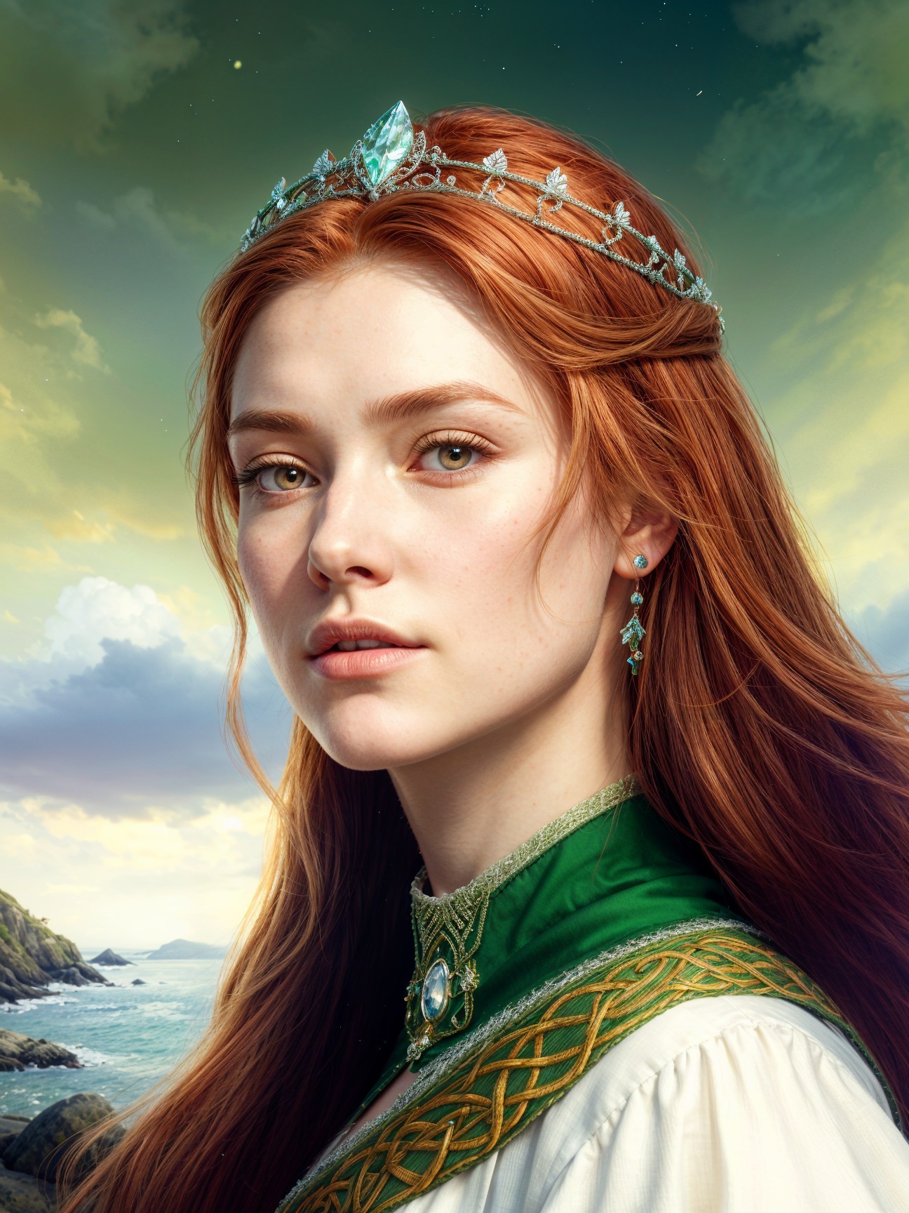 Young woman in green dress by serene coastal landscape