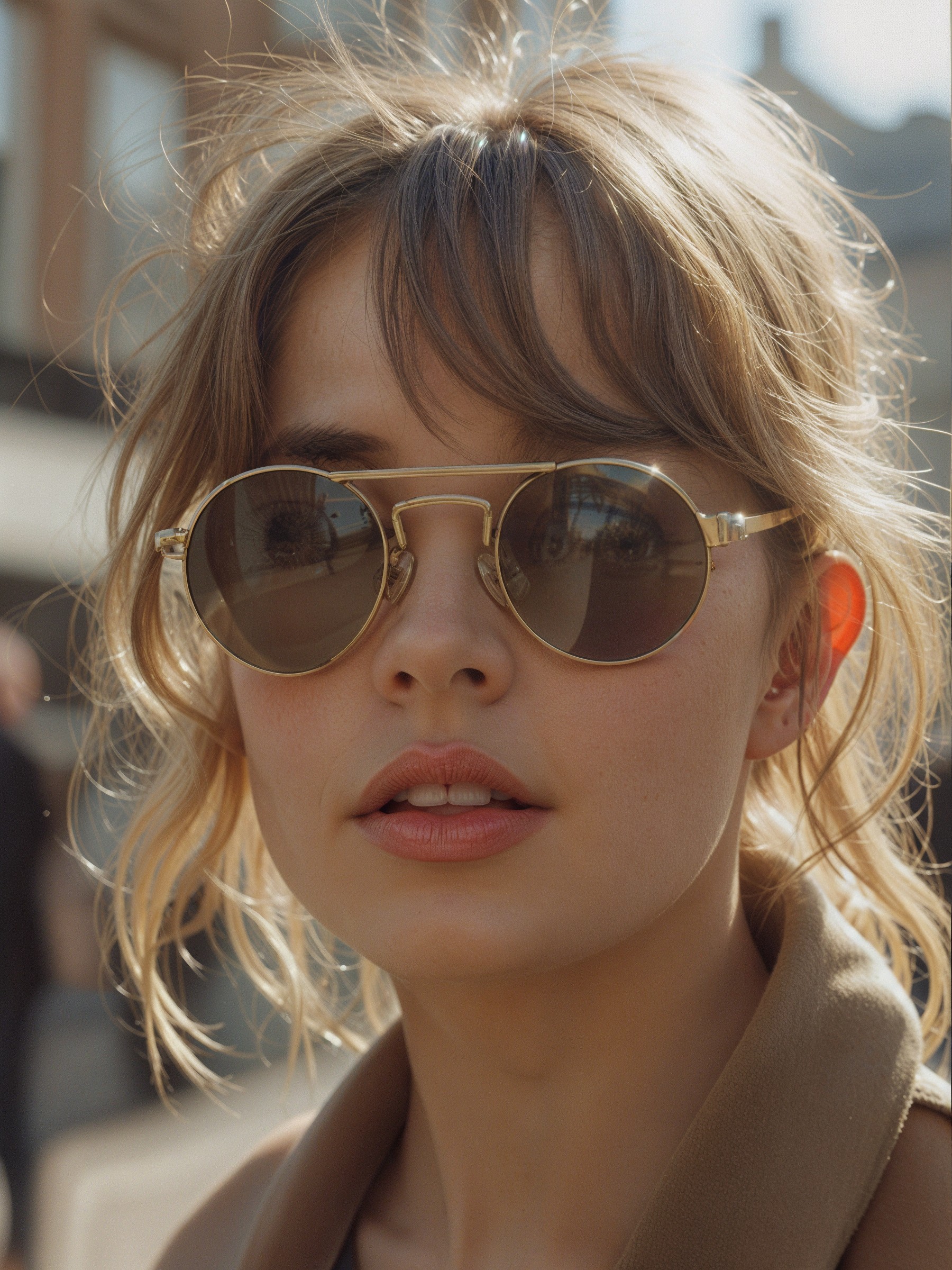 Young woman in stylish sunglasses outdoors in urban setting