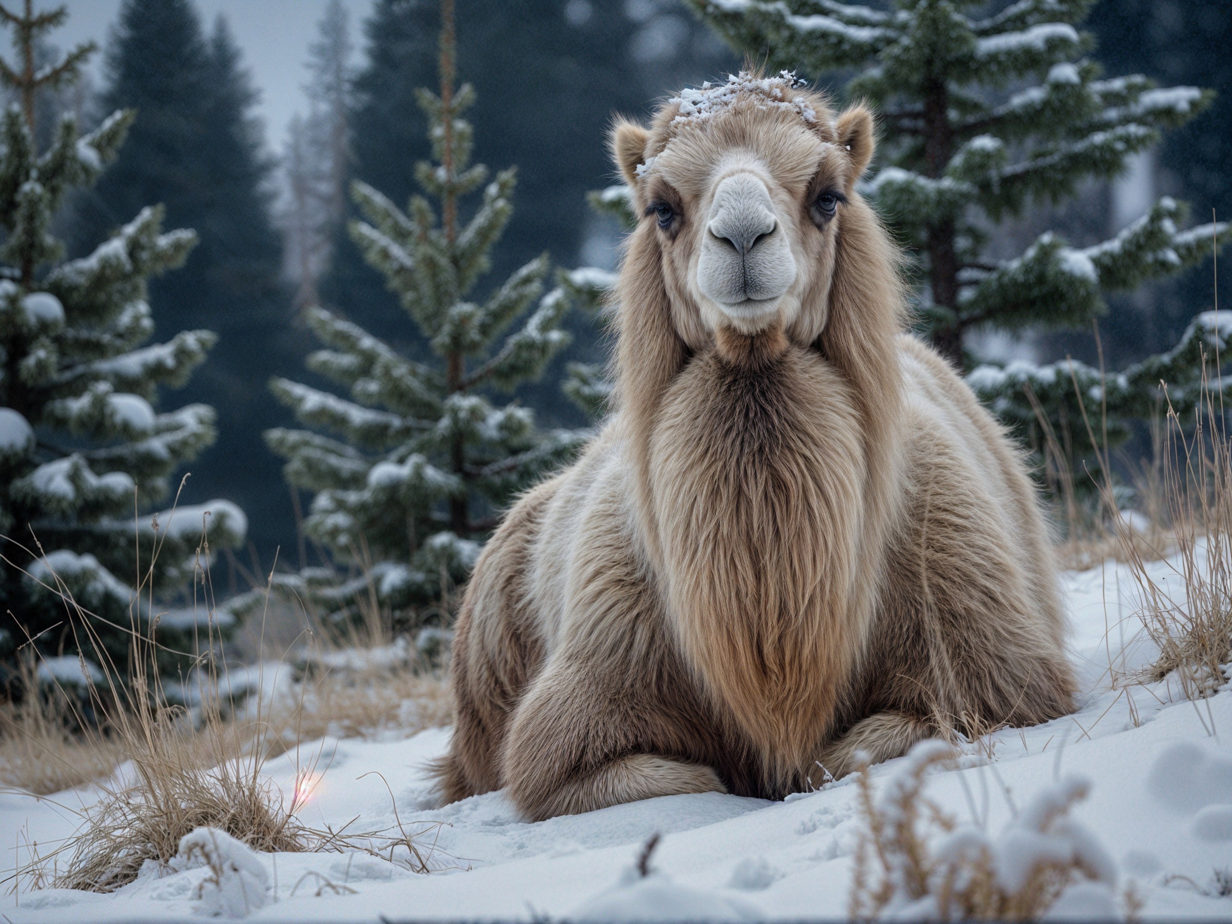 Camel in Snowy Landscape with Evergreen Trees