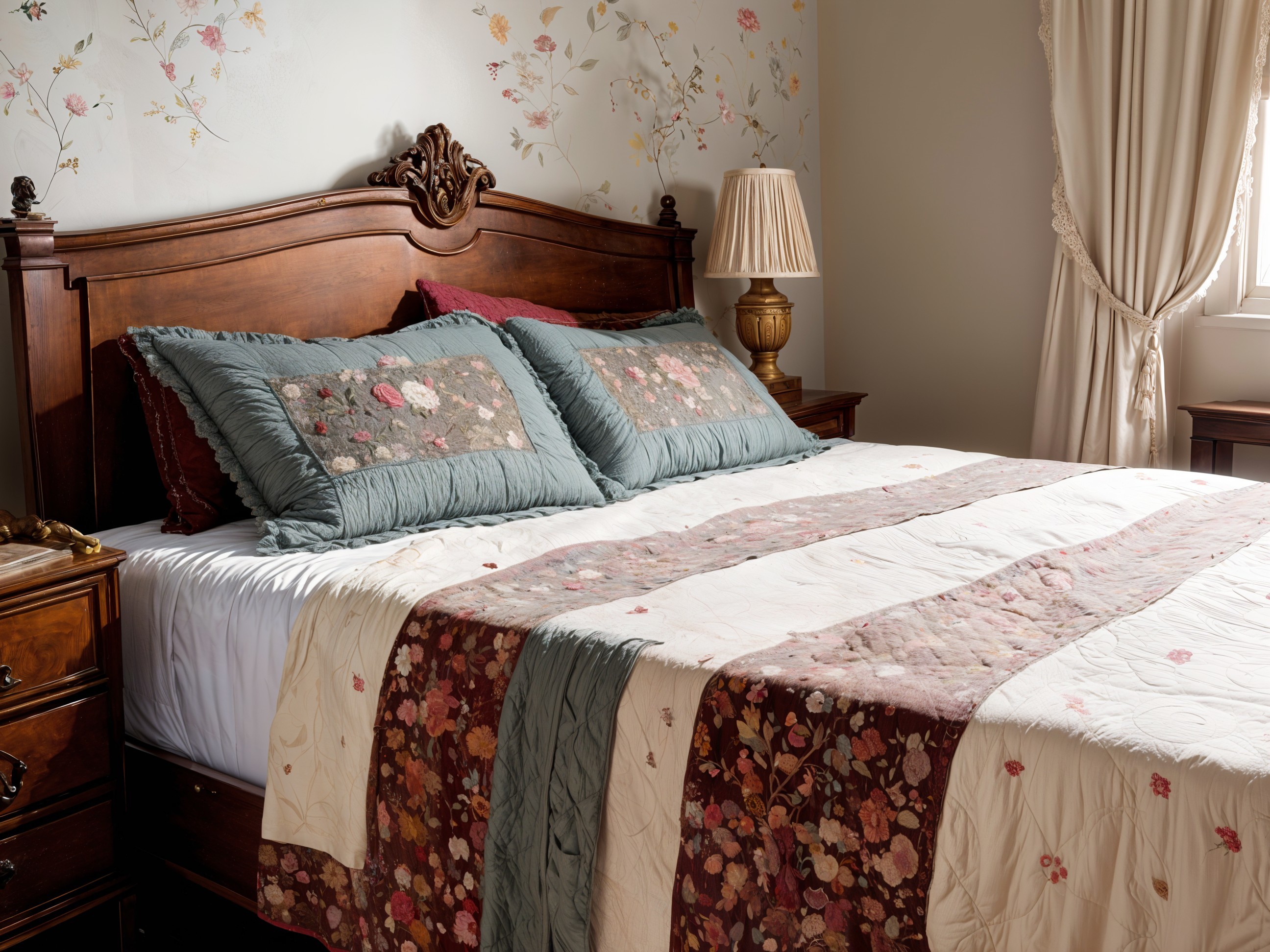 Cozy Bedroom with Wooden Bed Frame and Floral Decor