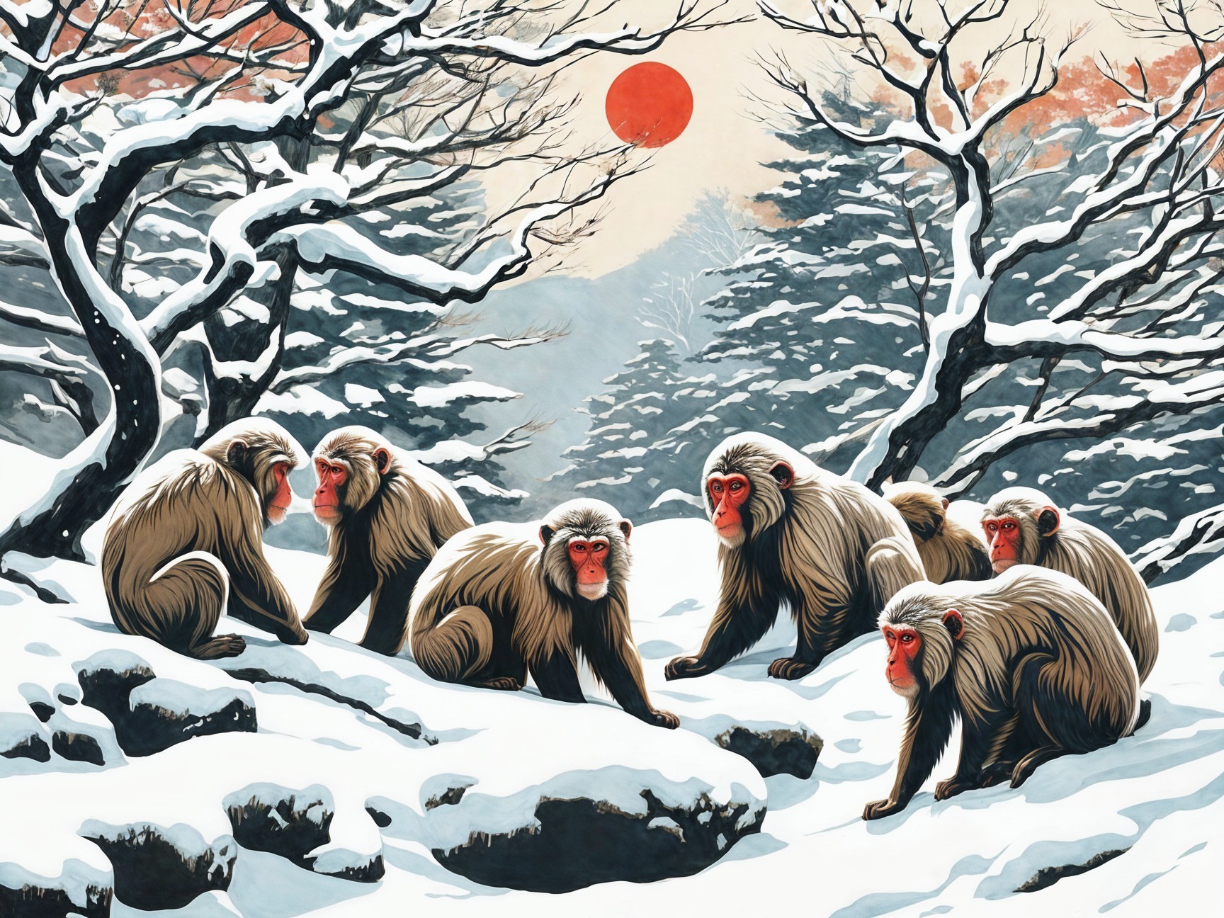 Macaques in a Serene Winter Landscape at Sunset
