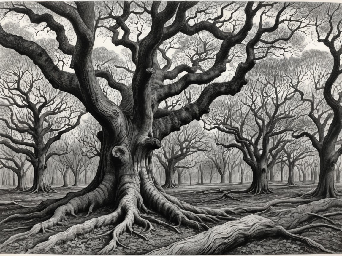 Intricate Forest Scene with Monochromatic Palette
