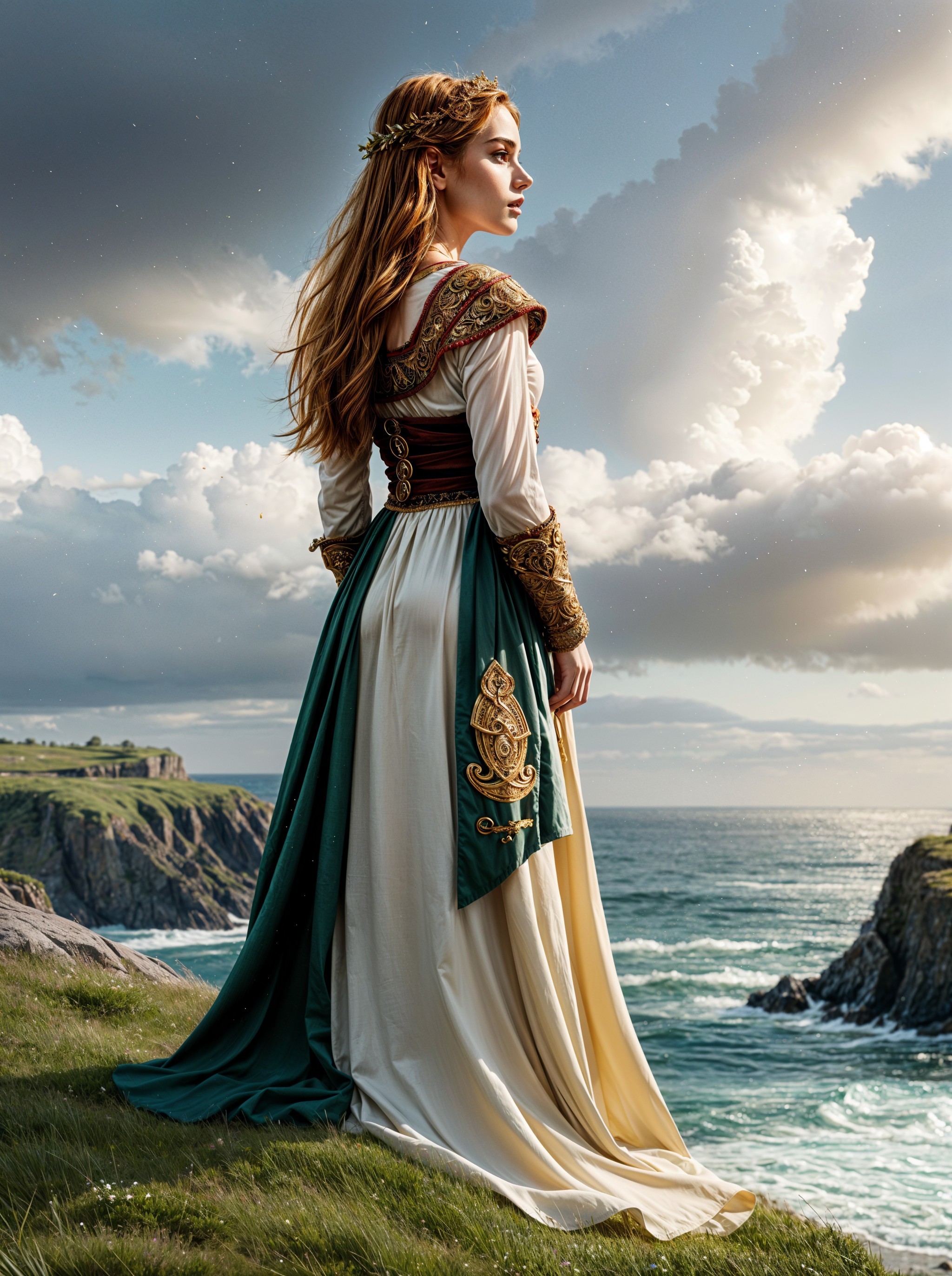 Regal Woman on Cliff Overlooking Shimmering Ocean
