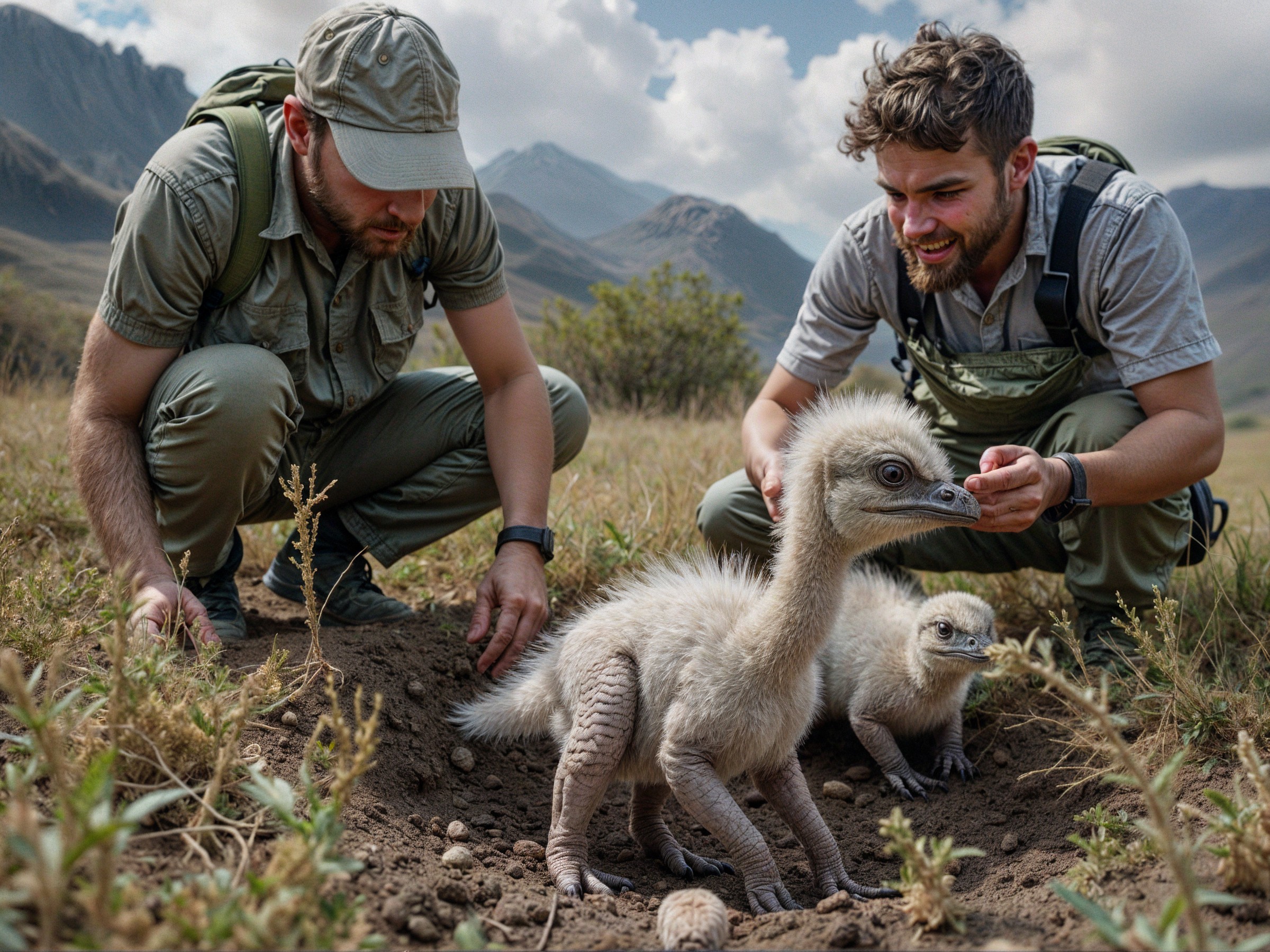 Explorers Interact with Hatching Dinosaur-like Creatures