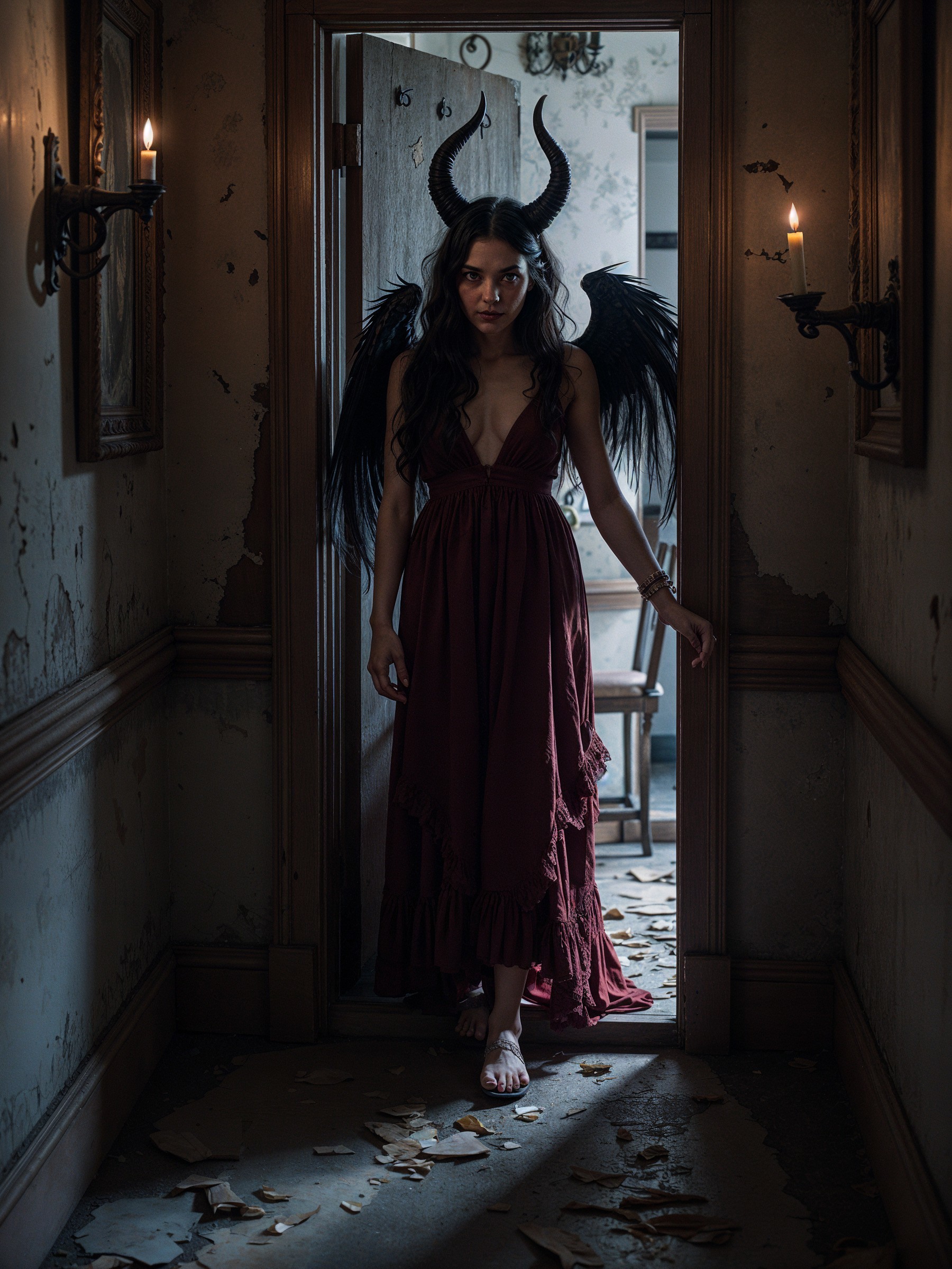 Eerie Figure in Tattered Dress with Horns and Wings