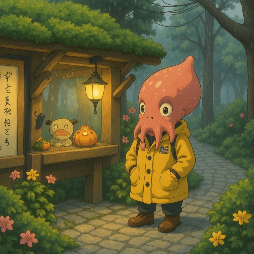 Whimsical Forest Scene with Octopus Head Character