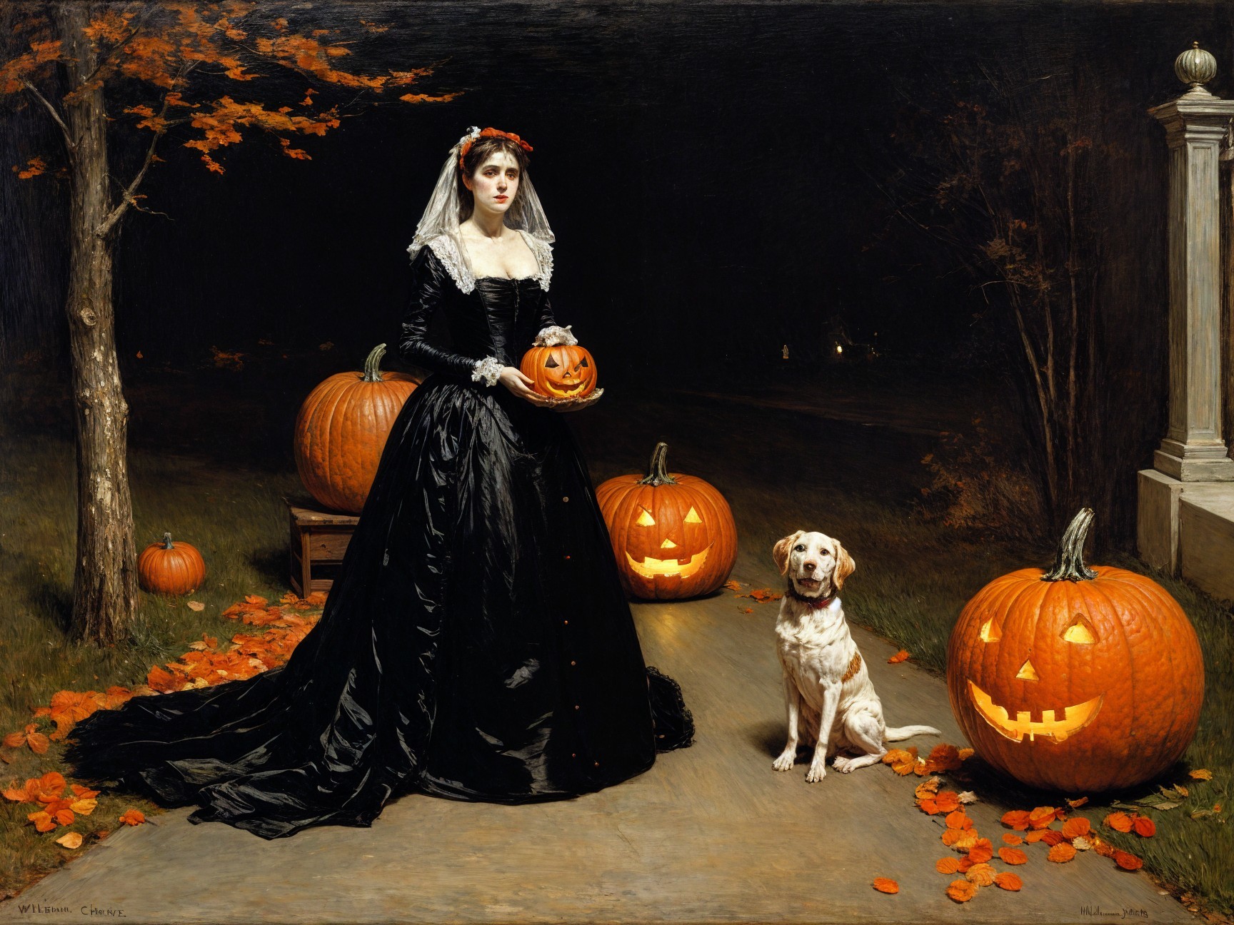 Vintage Black Gown with Pumpkin in Enchanting Halloween Scene