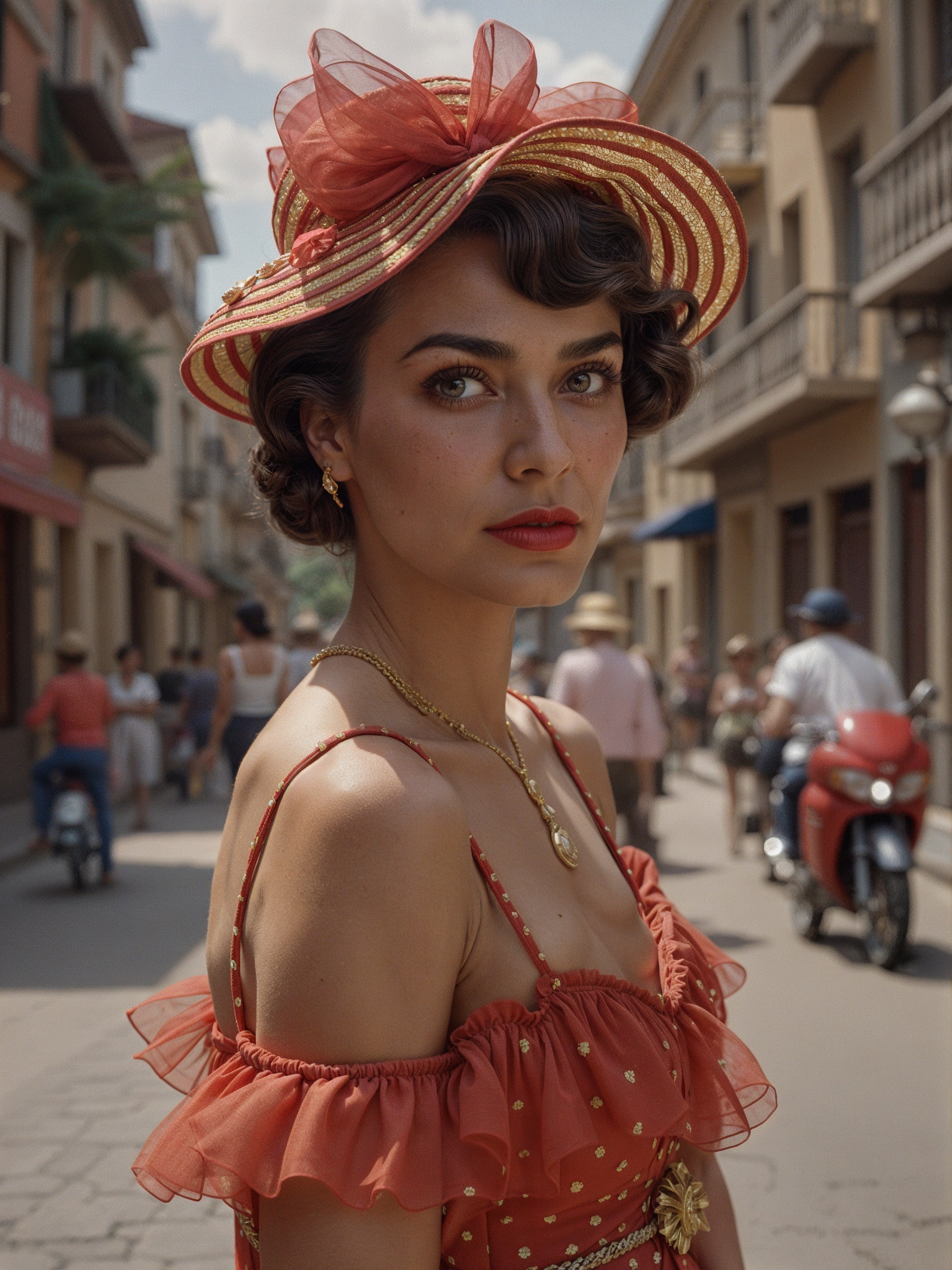 Stylish Woman in Ruffled Red Dress and Hat in Street Scene