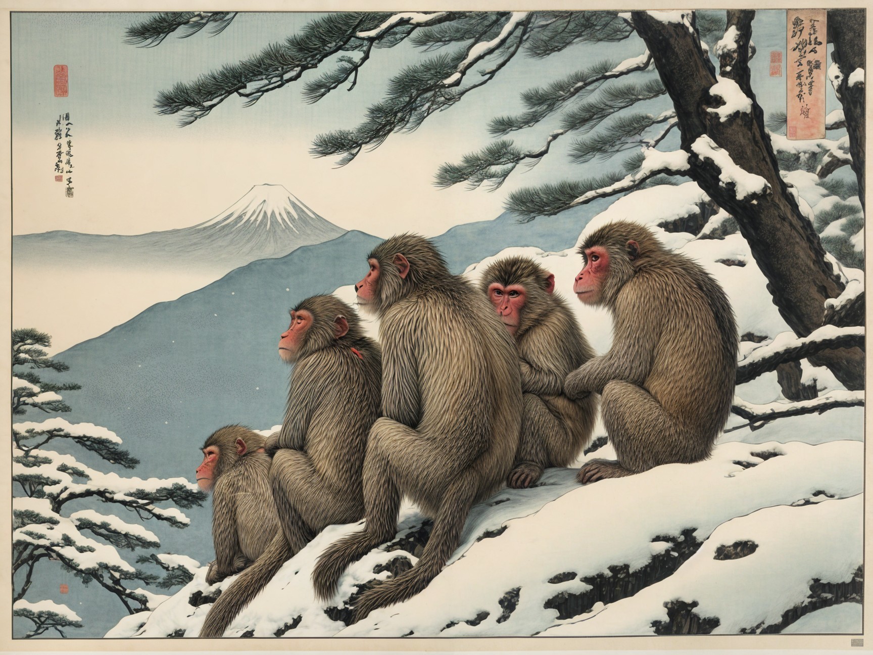 Macaques on Snowy Ledge with Mount Fuji Background