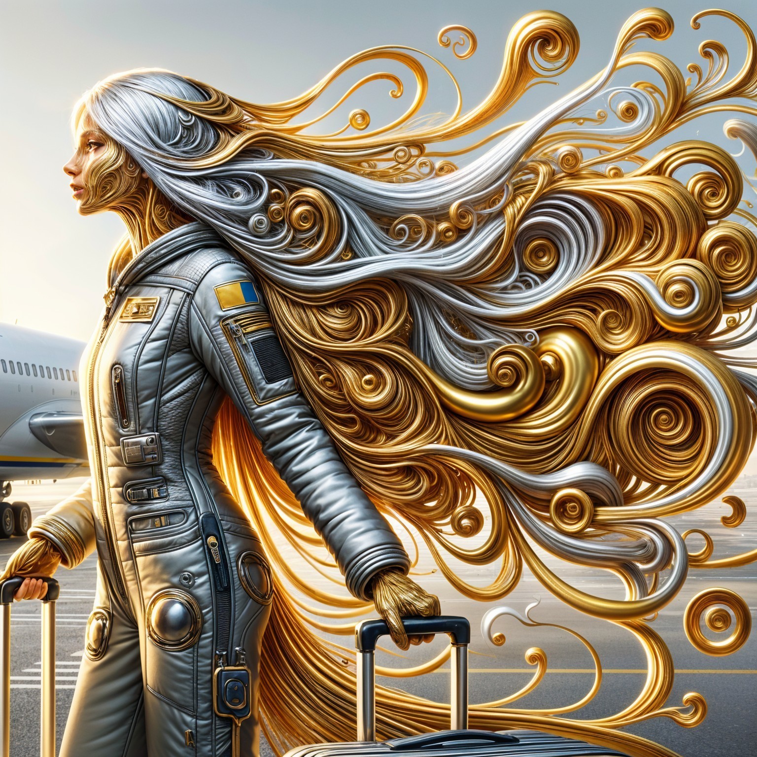 Futuristic astronaut in silver suit on airport tarmac