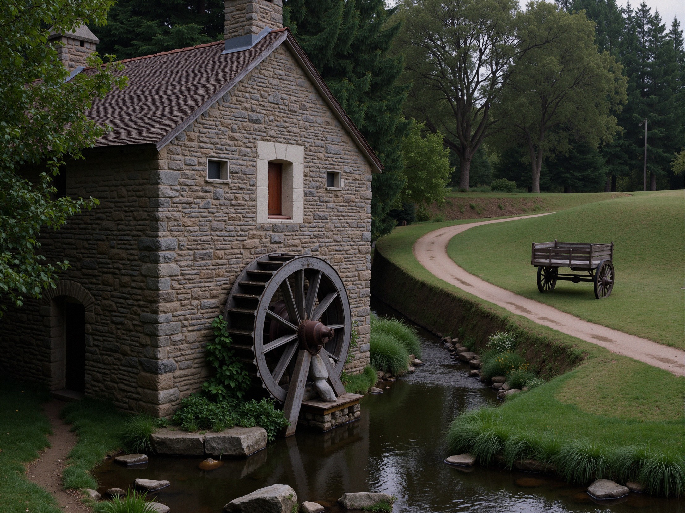 Rustic Stone Building with Waterwheel by Stream