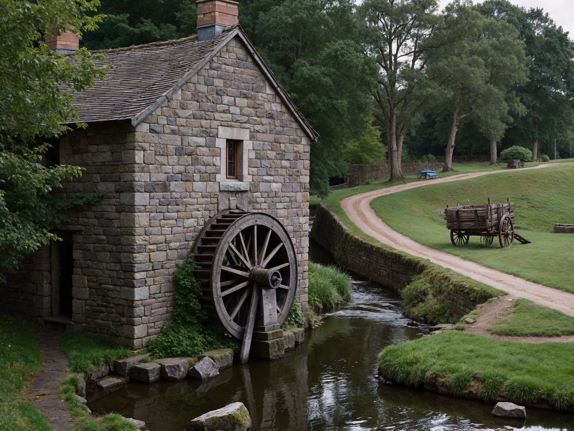 Stone Mill by Stream in Tranquil Rural Landscape