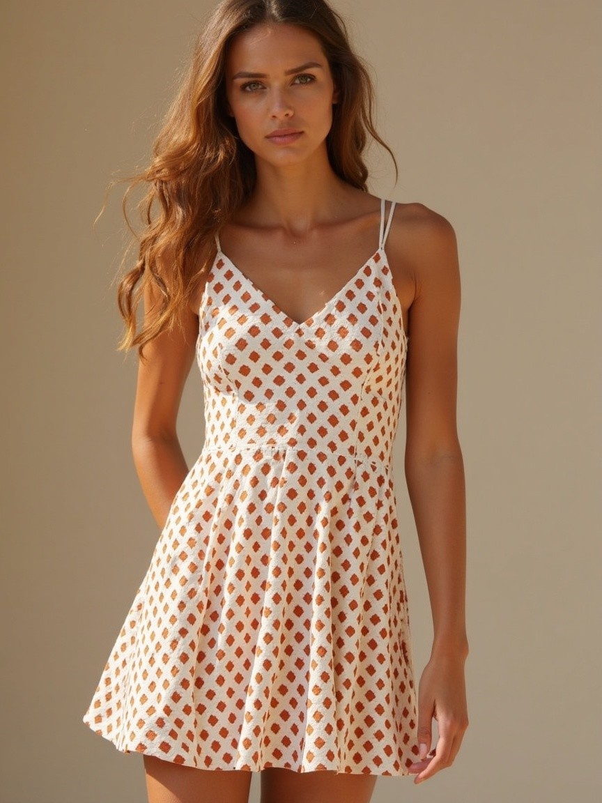 Young woman in playful geometric patterned dress