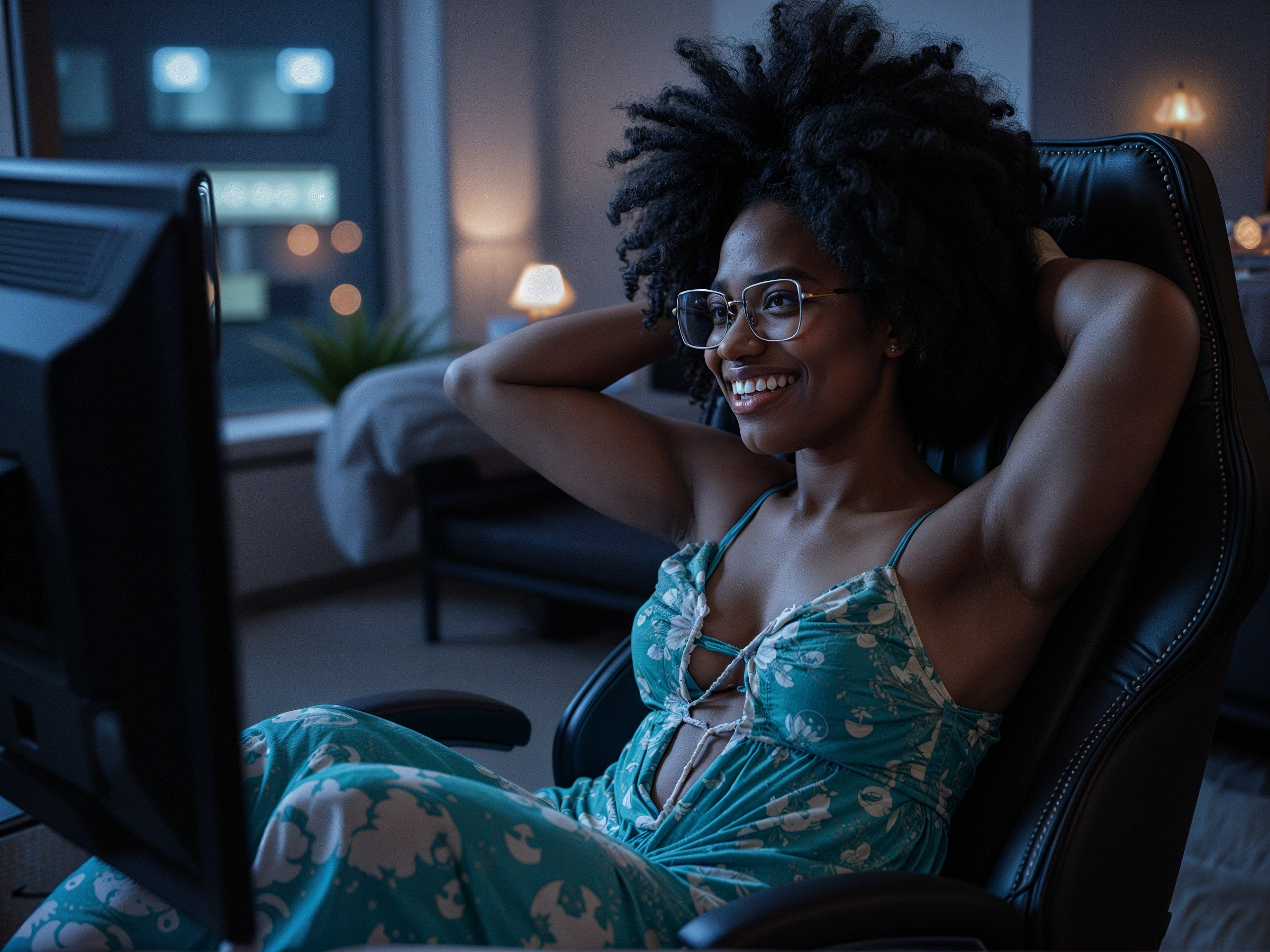 Young woman in cozy room with computer and chair