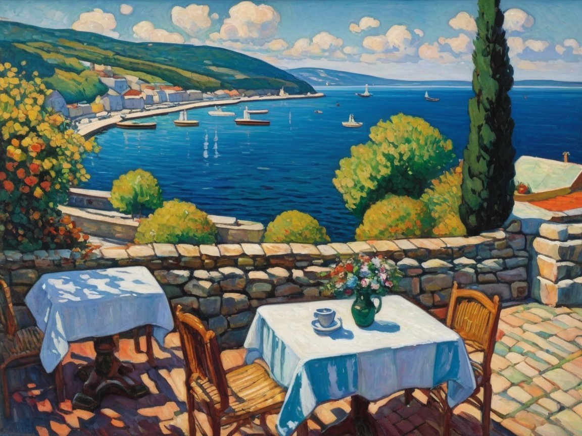 Vibrant Seascape with Tranquil Harbor and Boats