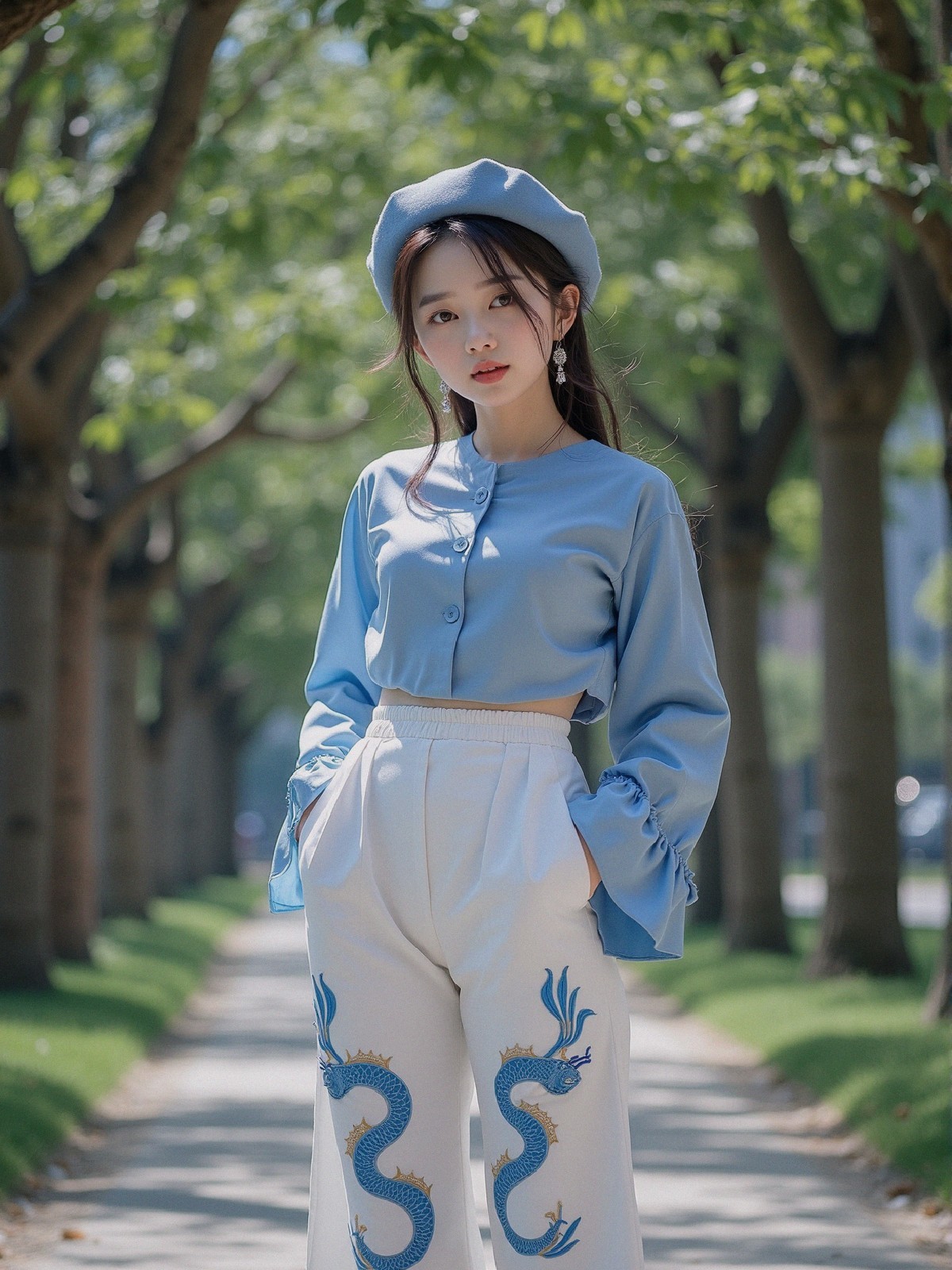 Young woman in blue blouse and dragon motif pants