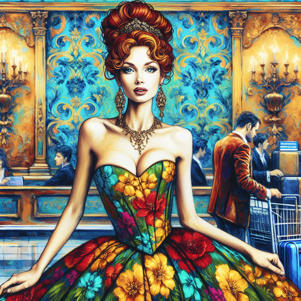 Elegant Woman in Floral Gown with Lavish Interior