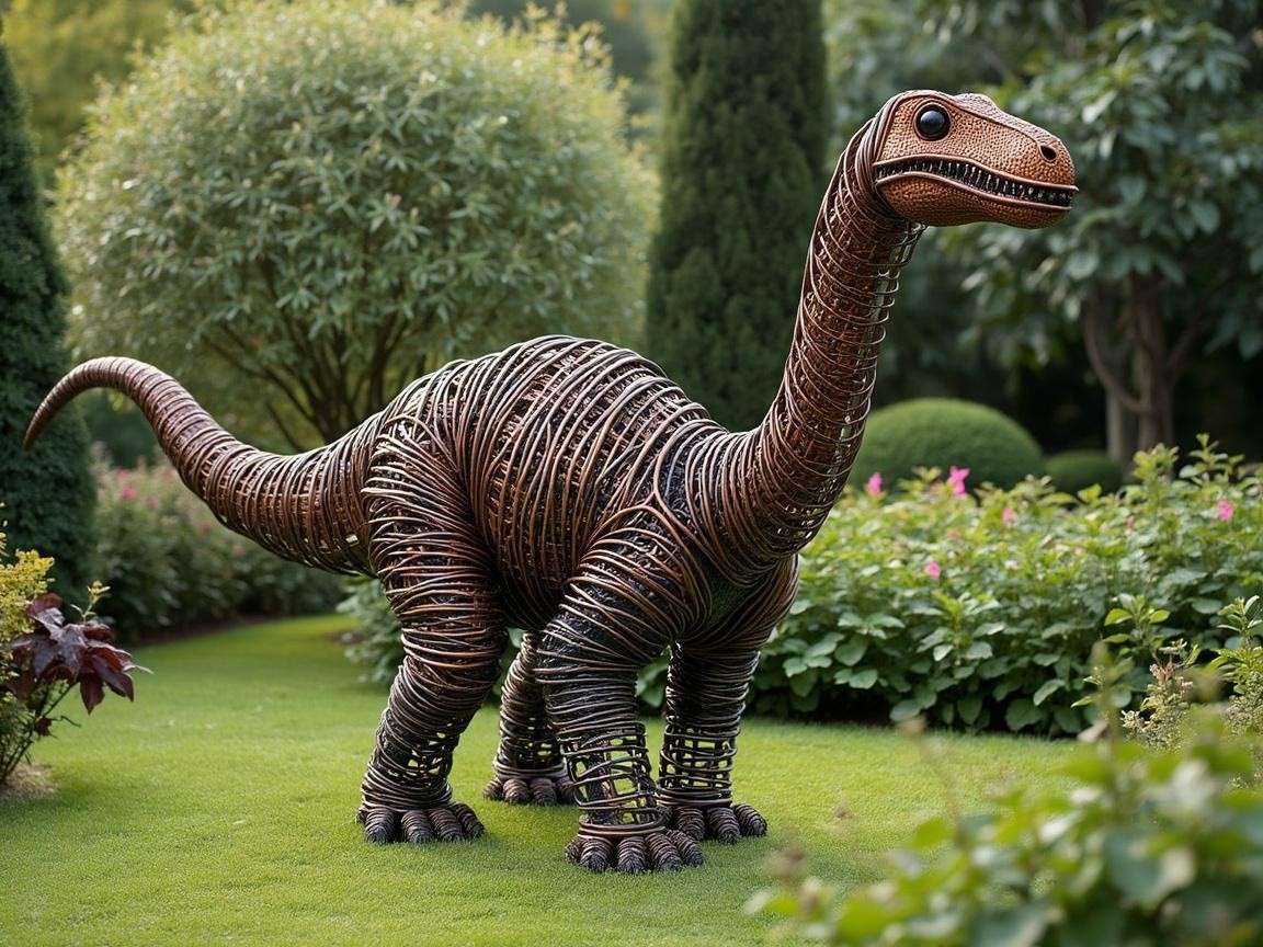 Intricate dinosaur sculpture in a lush garden setting