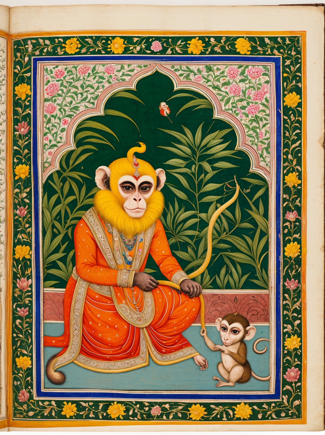 Regal Monkey in Ornate Robe Amidst Lush Foliage