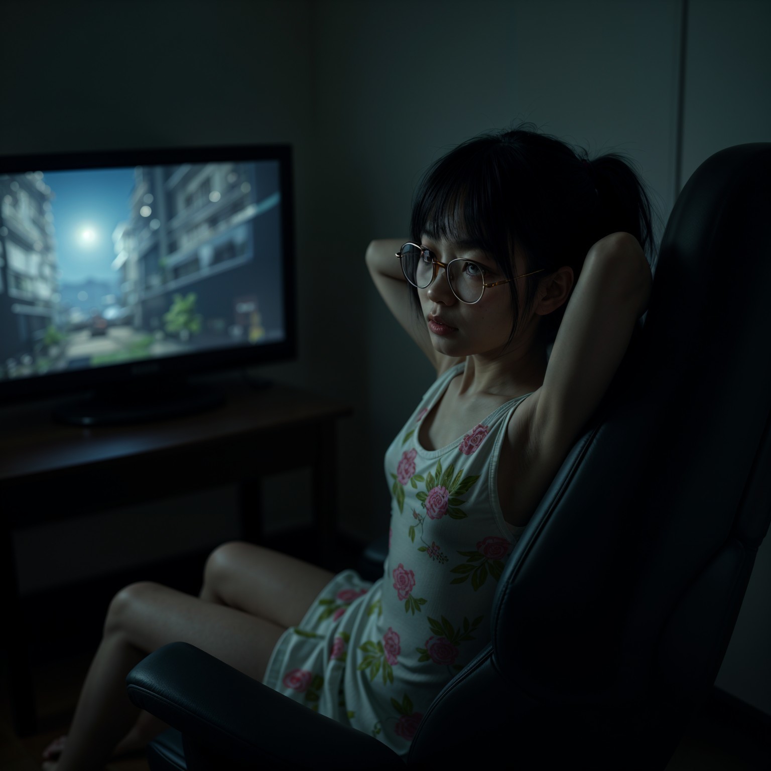 Young girl in swivel chair with computer monitor glow