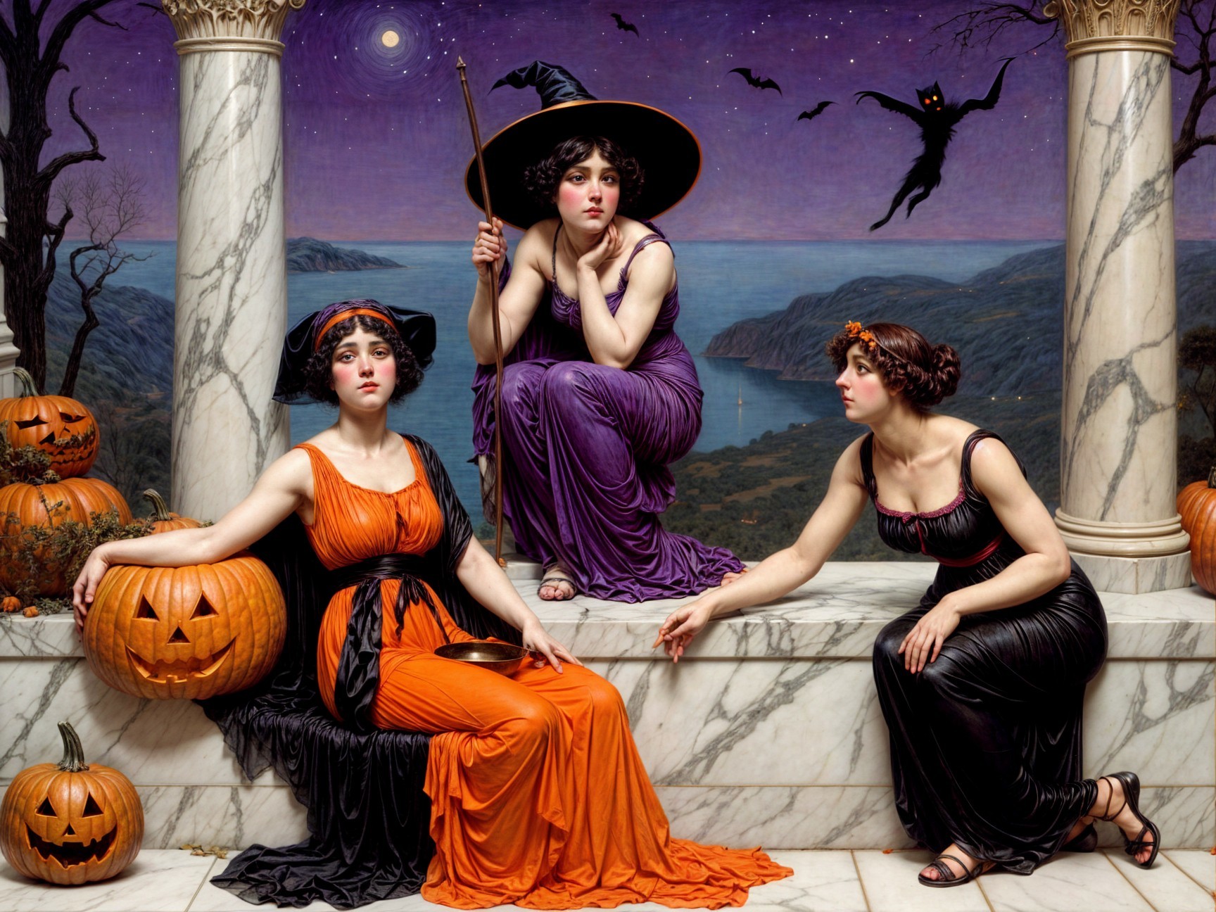 Elegant Women in Halloween Setting with Pumpkins