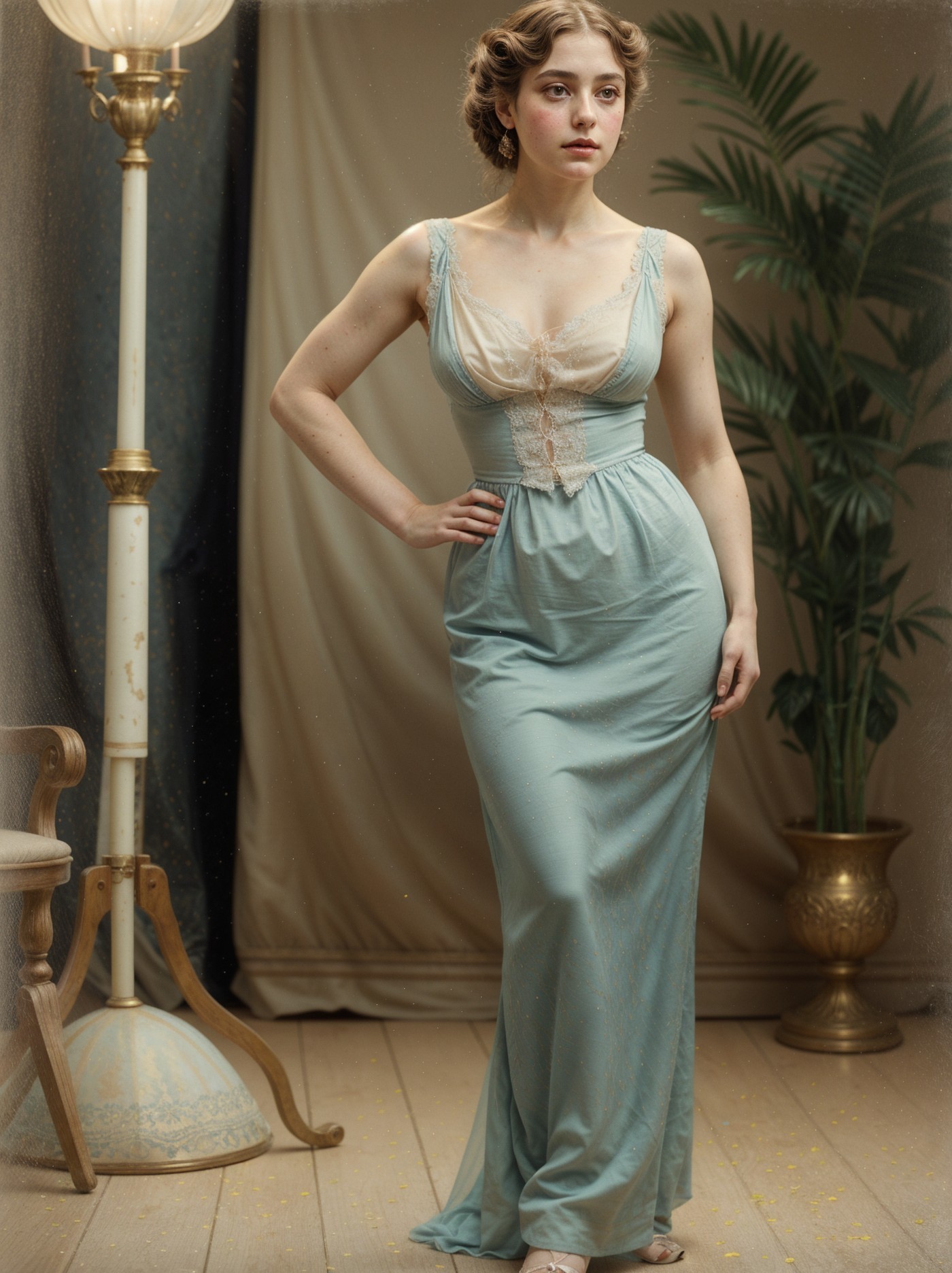 Young woman in vintage room with blue gown and plants