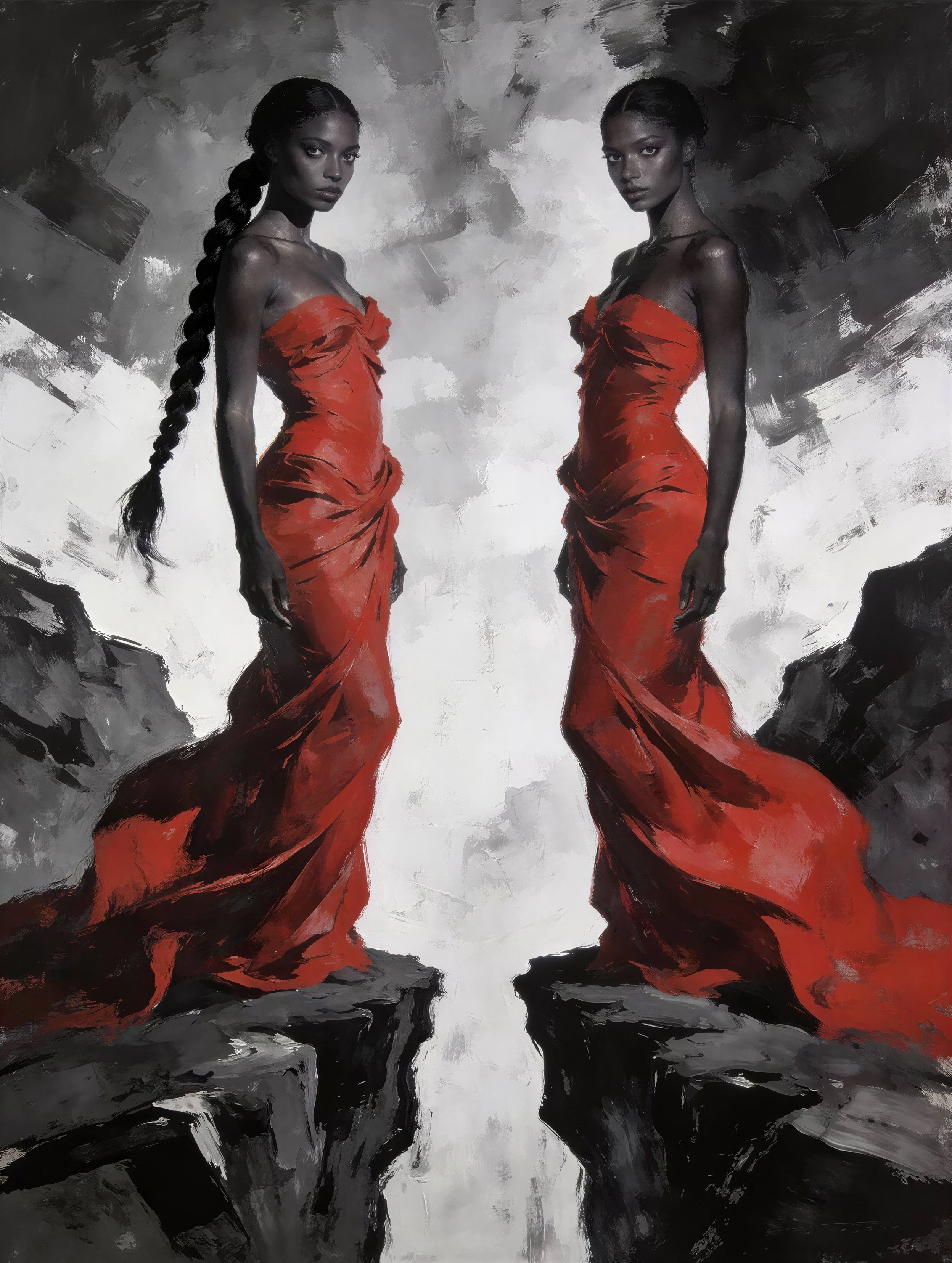 Women in Red Dresses Against Grayscale Background