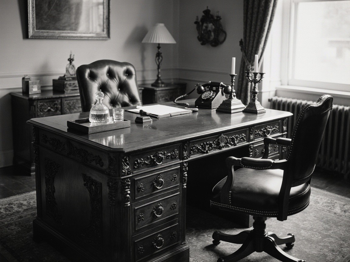 Elegant Office with Ornate Desk and Leather Chair