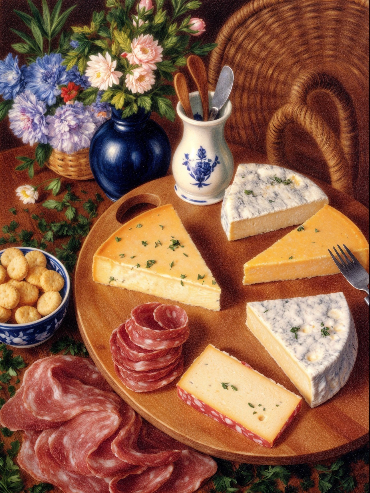 Cheese and Meat Platter with Crackers and Flowers
